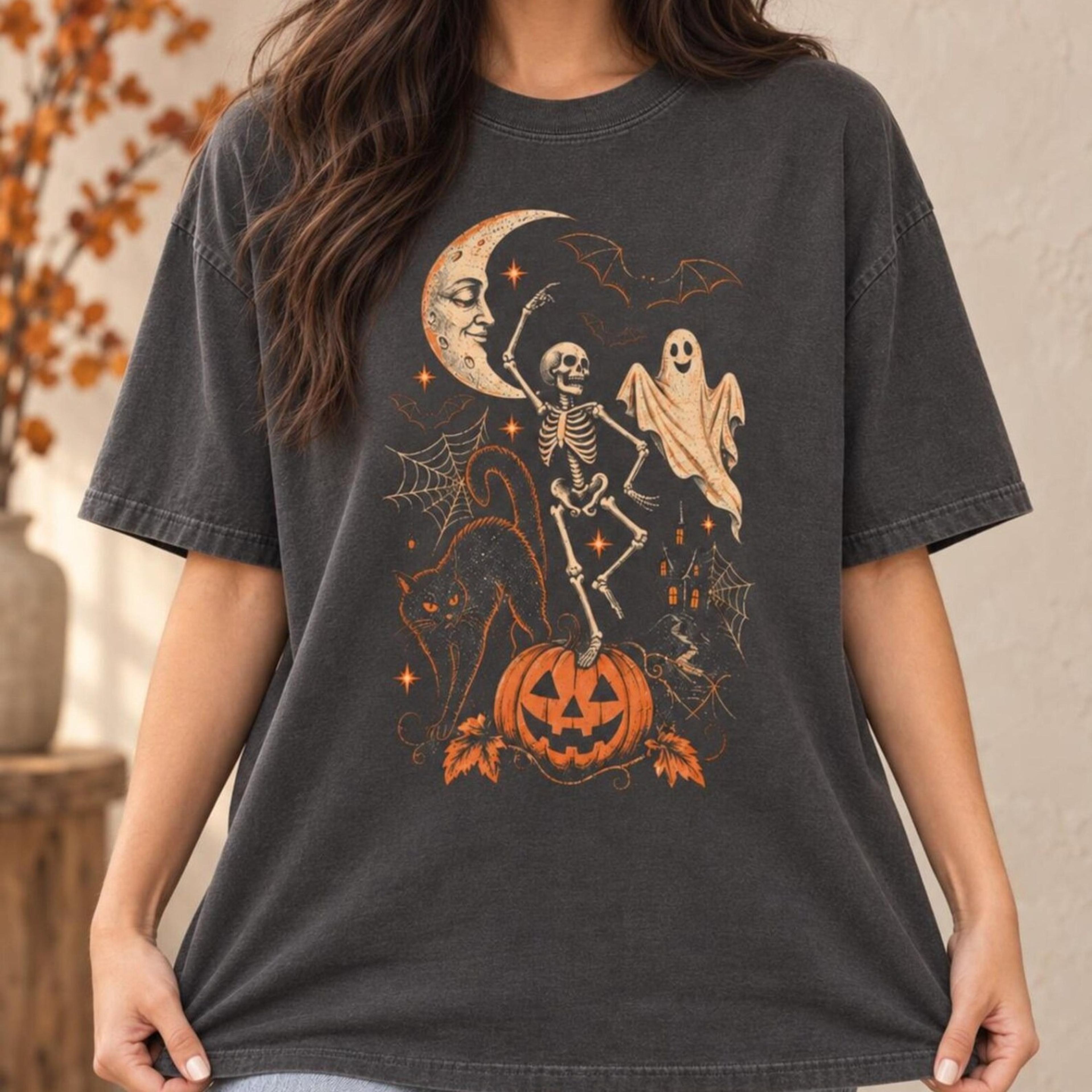 retro halloween shirt, y2k halloween tee, vintage ghost, black cat, skeleton pumpkin witch spooky season