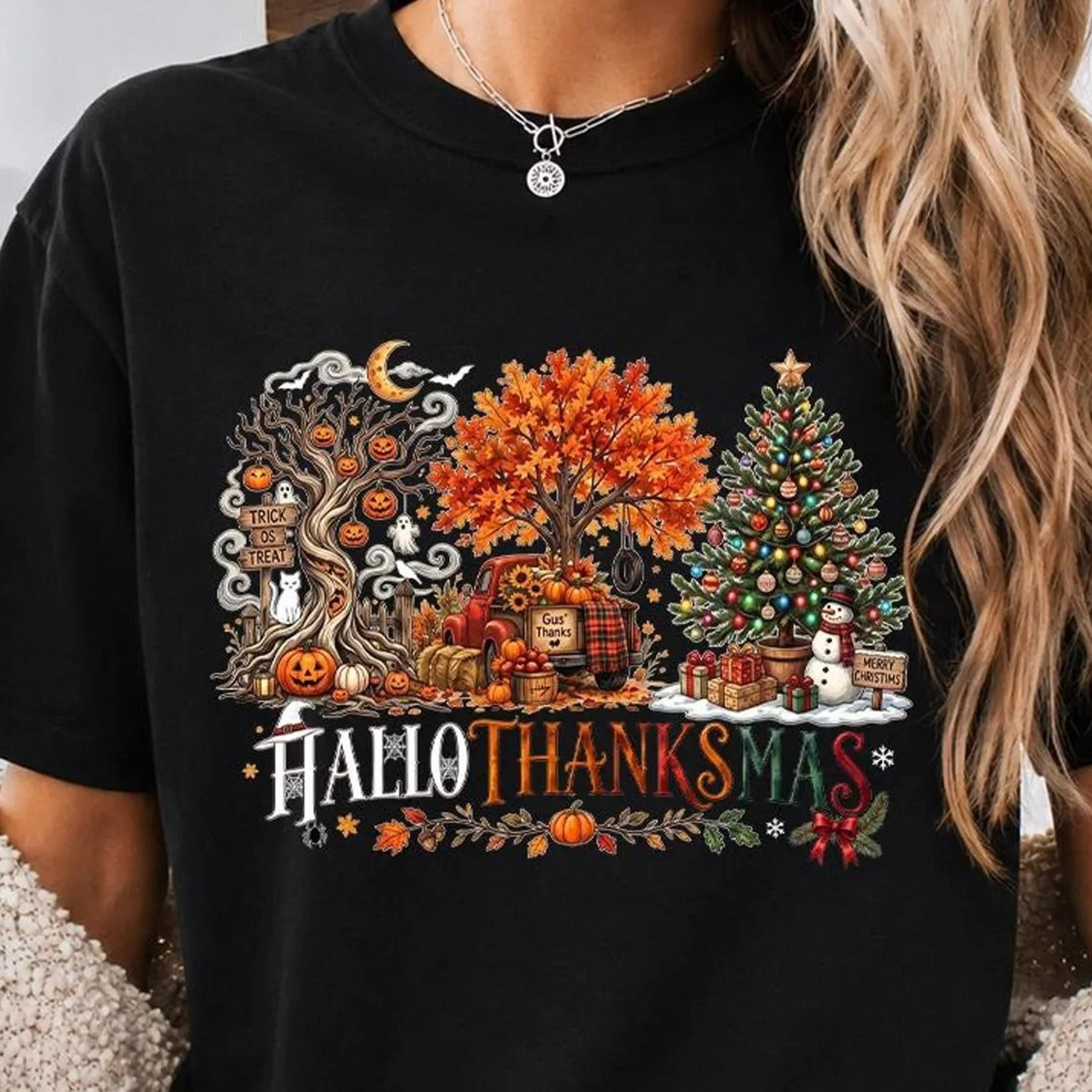 happy hallothanksmas sweatshirt, halloween thanksgiving christmas shirt, fall autumn shirt, holiday season gift