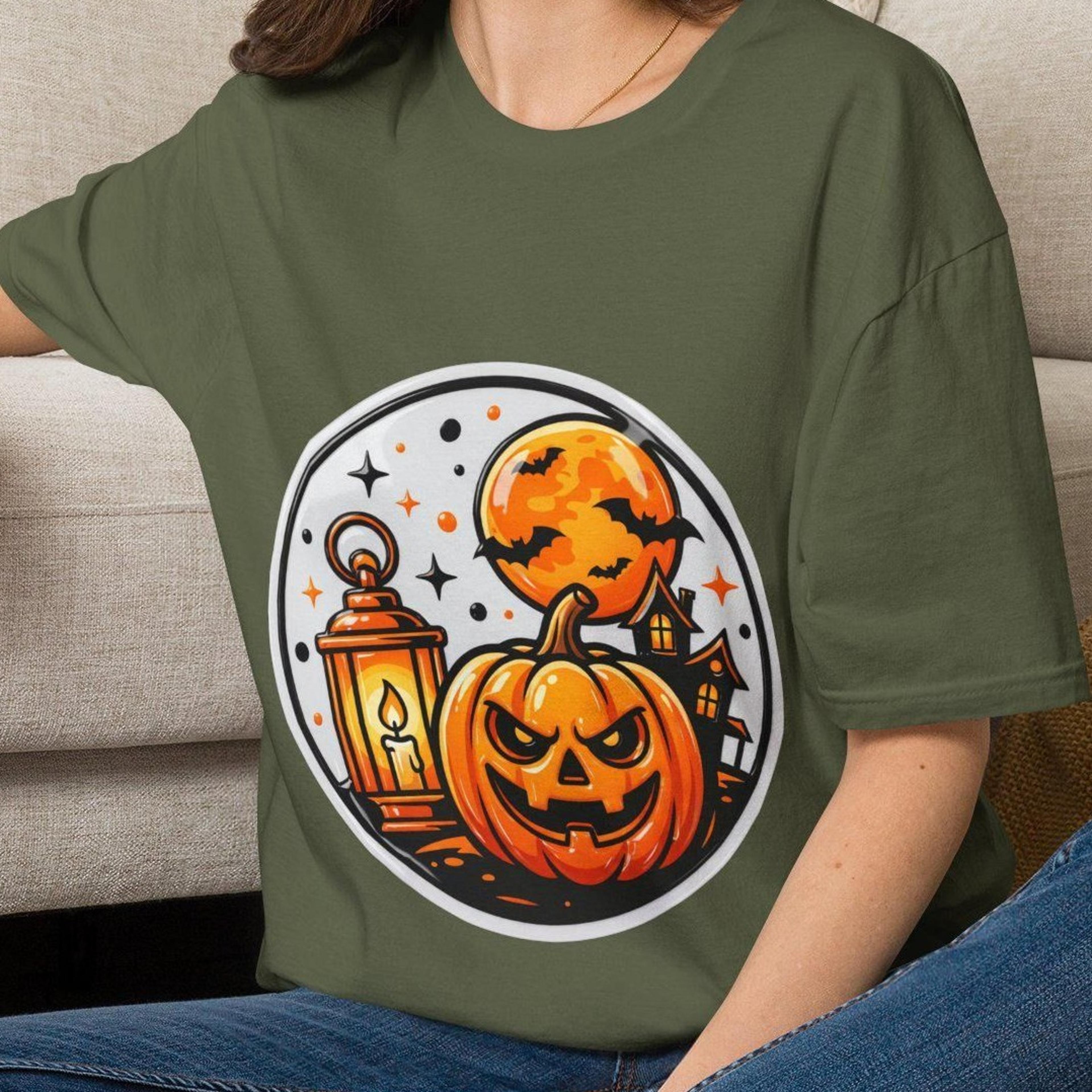 halloween pumpkin jack o lantern t-shirt spooky moon bats haunted house graphic tee unisex