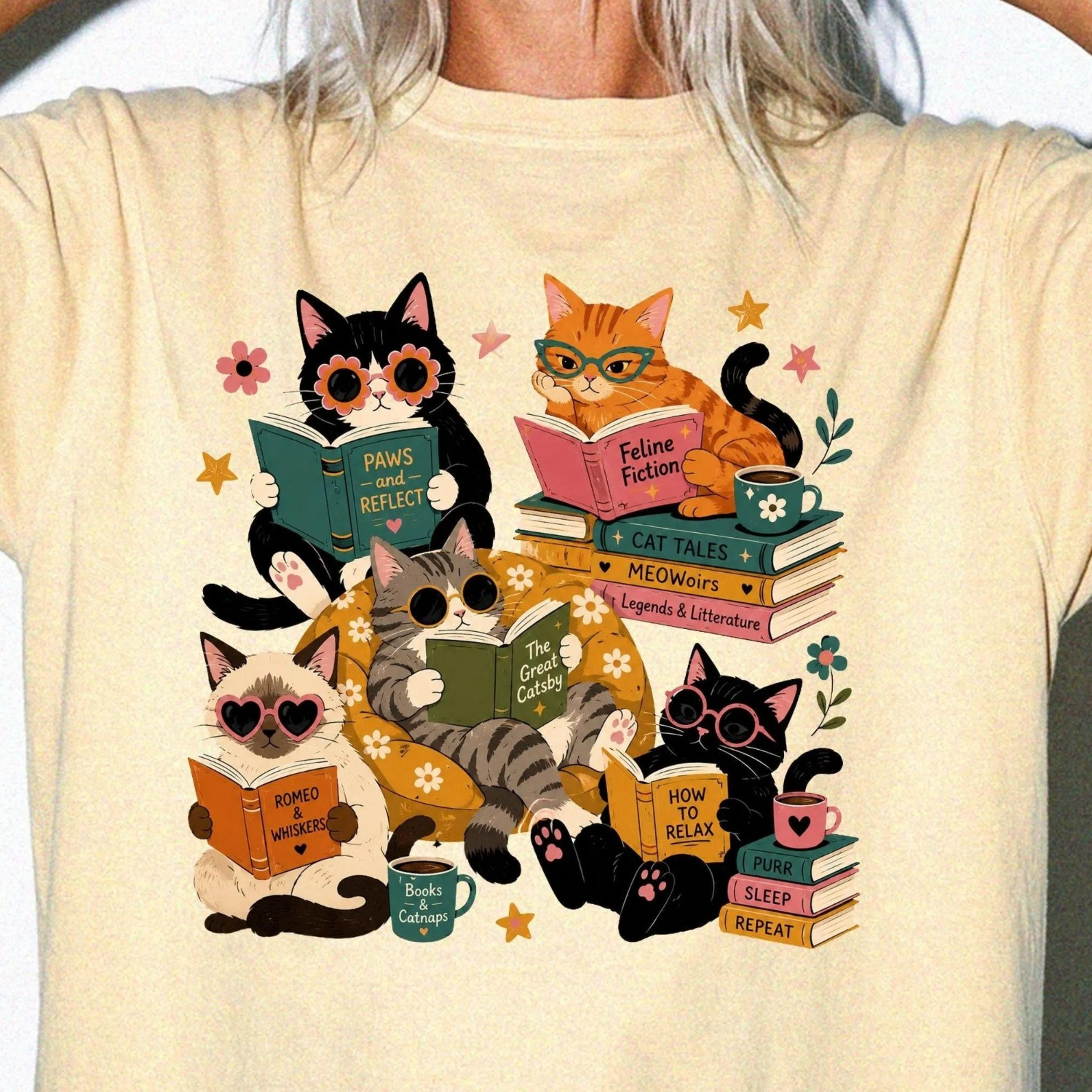 retro cats reading shirt | cat lover tshirt | book lover tee shirt | reading club shirt | cats and books