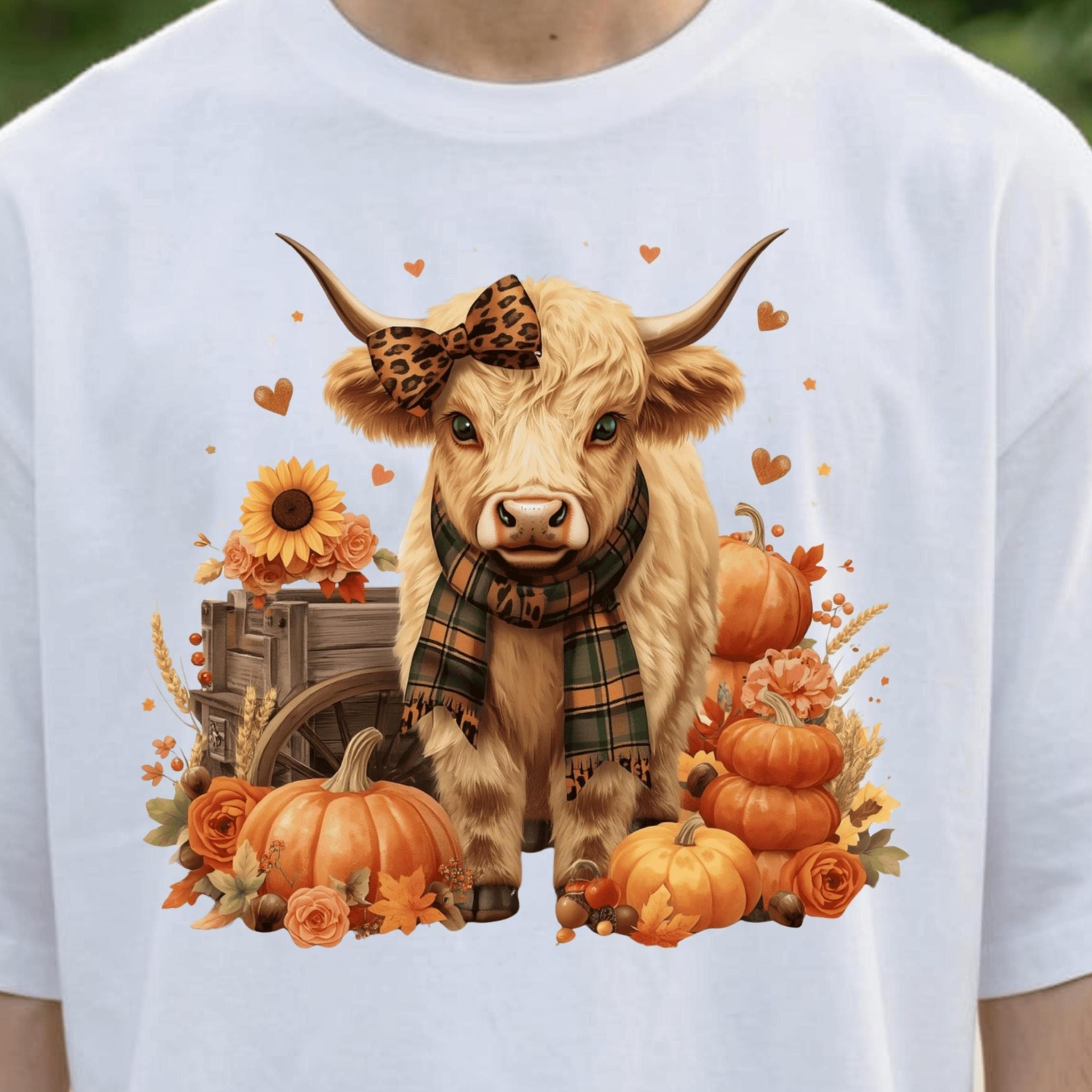 highland cow fall shirt, cute cow pumpkin t-shirt, autumn farm animal tee, leopard bow cow graphic shirt, unisex