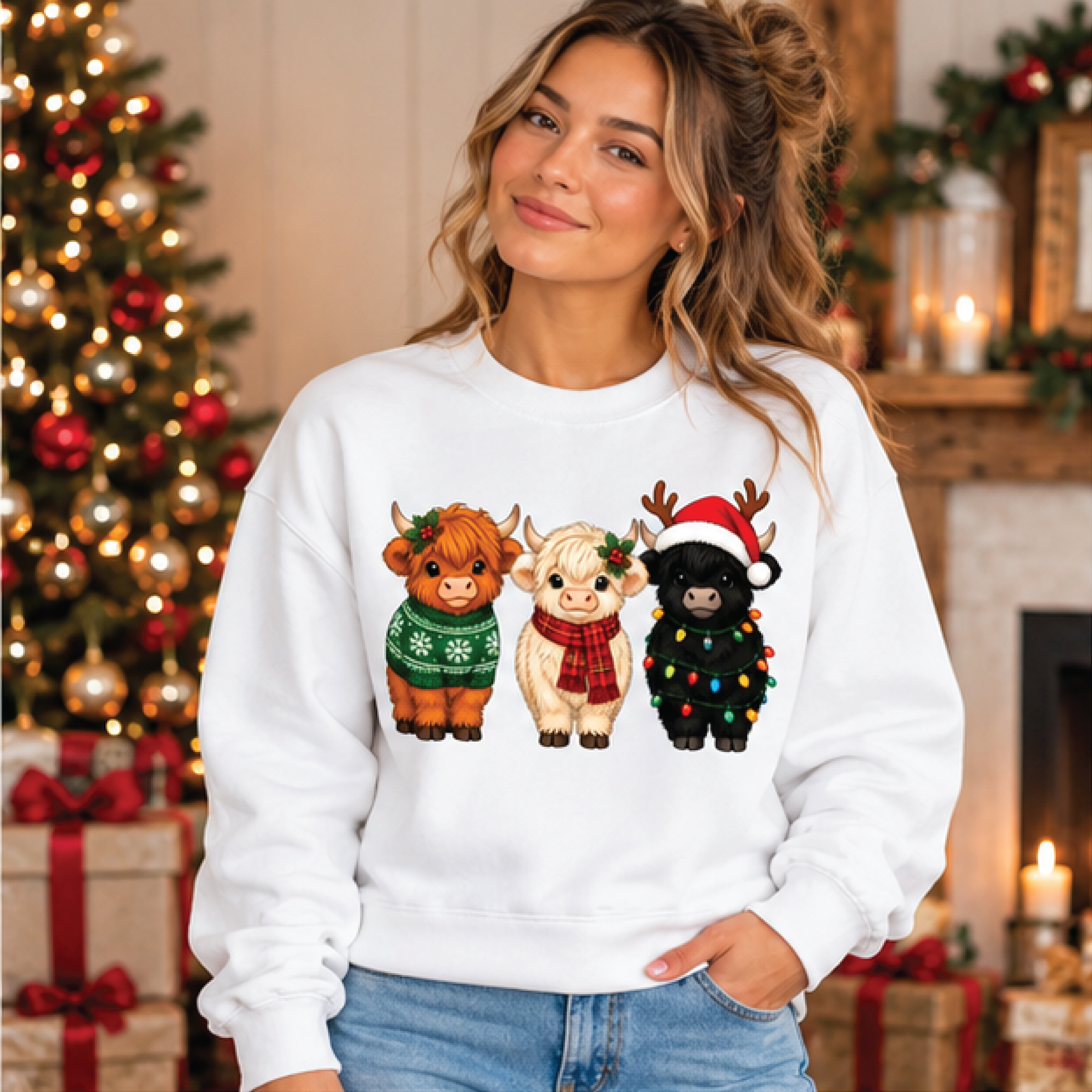 highland cow christmas sweatshirt cute cow holiday sweater festive farm animal xmas jumper cozy cow lover christmas gift