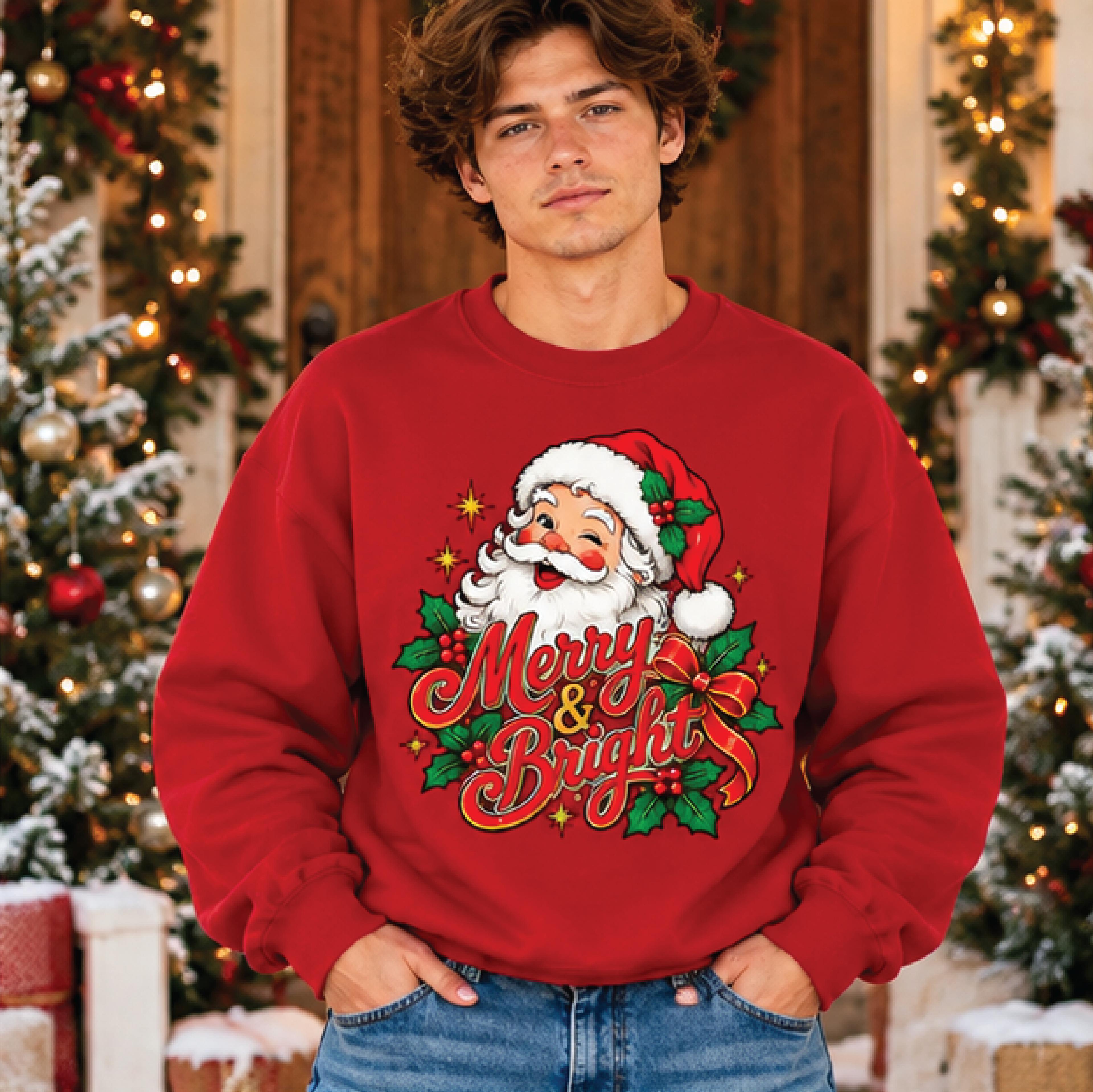 merry and bright christmas sweatshirt, retro santa holiday sweater, festive xmas crewneck, cute christmas gift for her