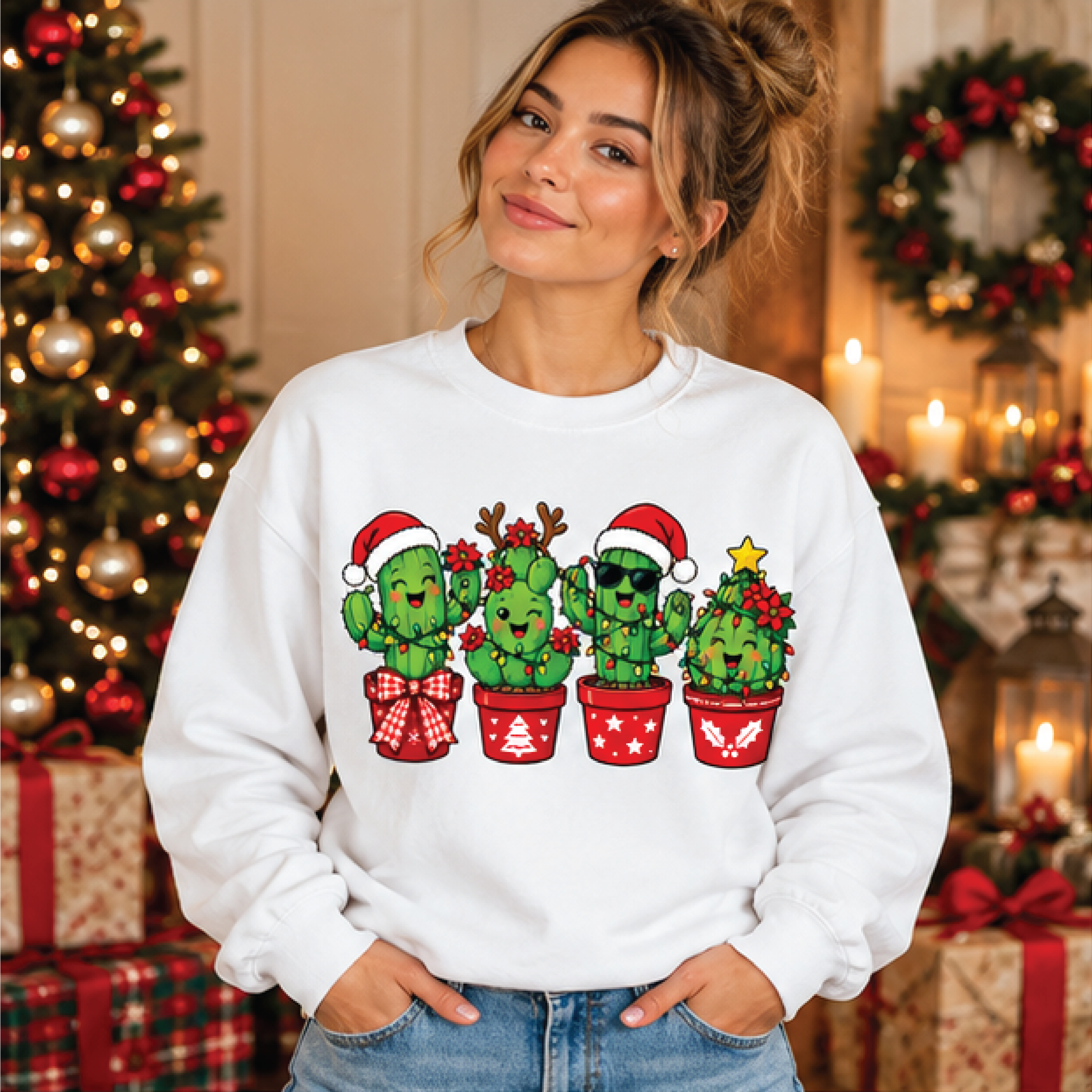 cute christmas cactus sweatshirt, funny holiday cacti crewneck, festive plant lover sweater, xmas gift for cactus lovers
