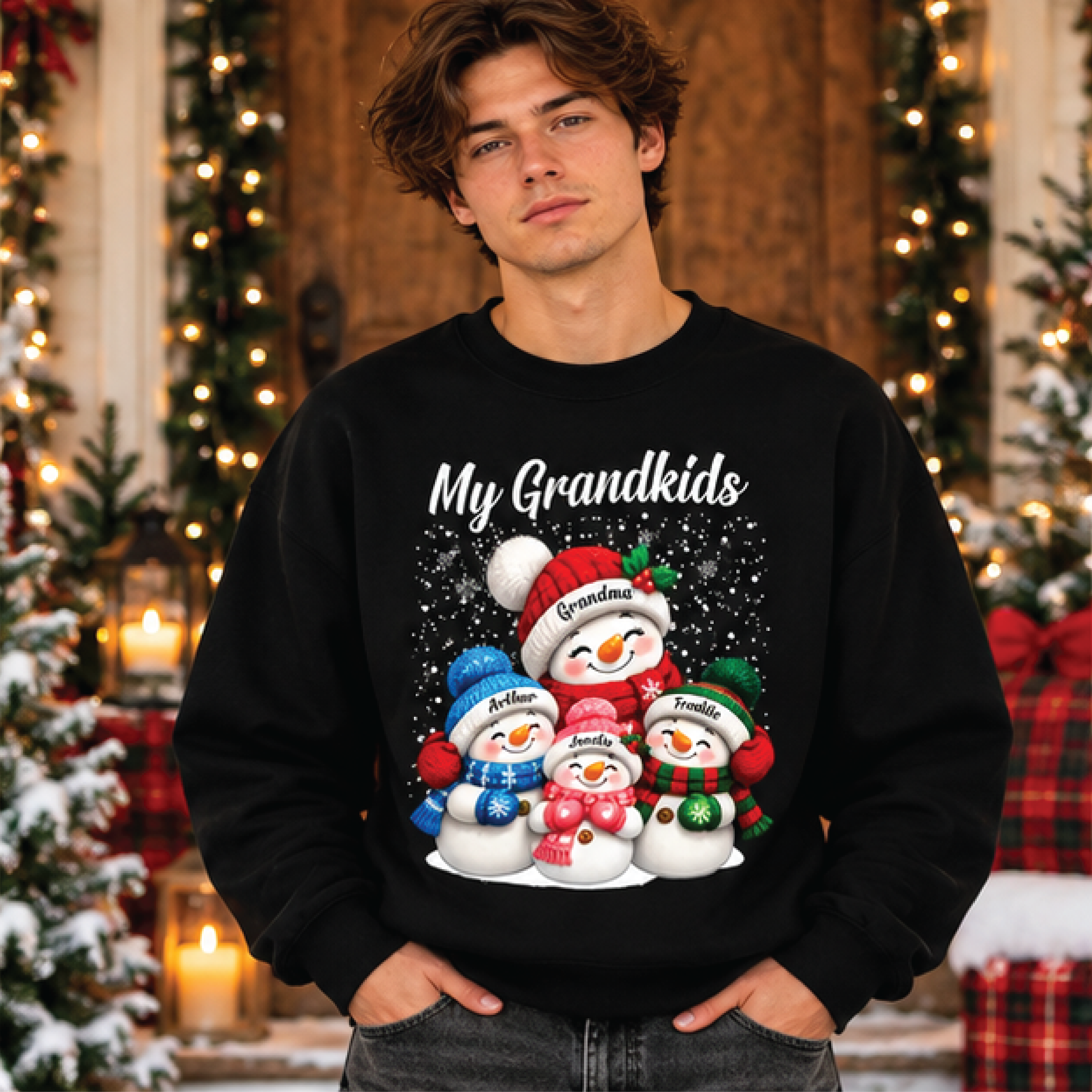 personalized grandkids christmas sweatshirt, custom snowman grandma sweater, grandchildren names holiday gift for grandm