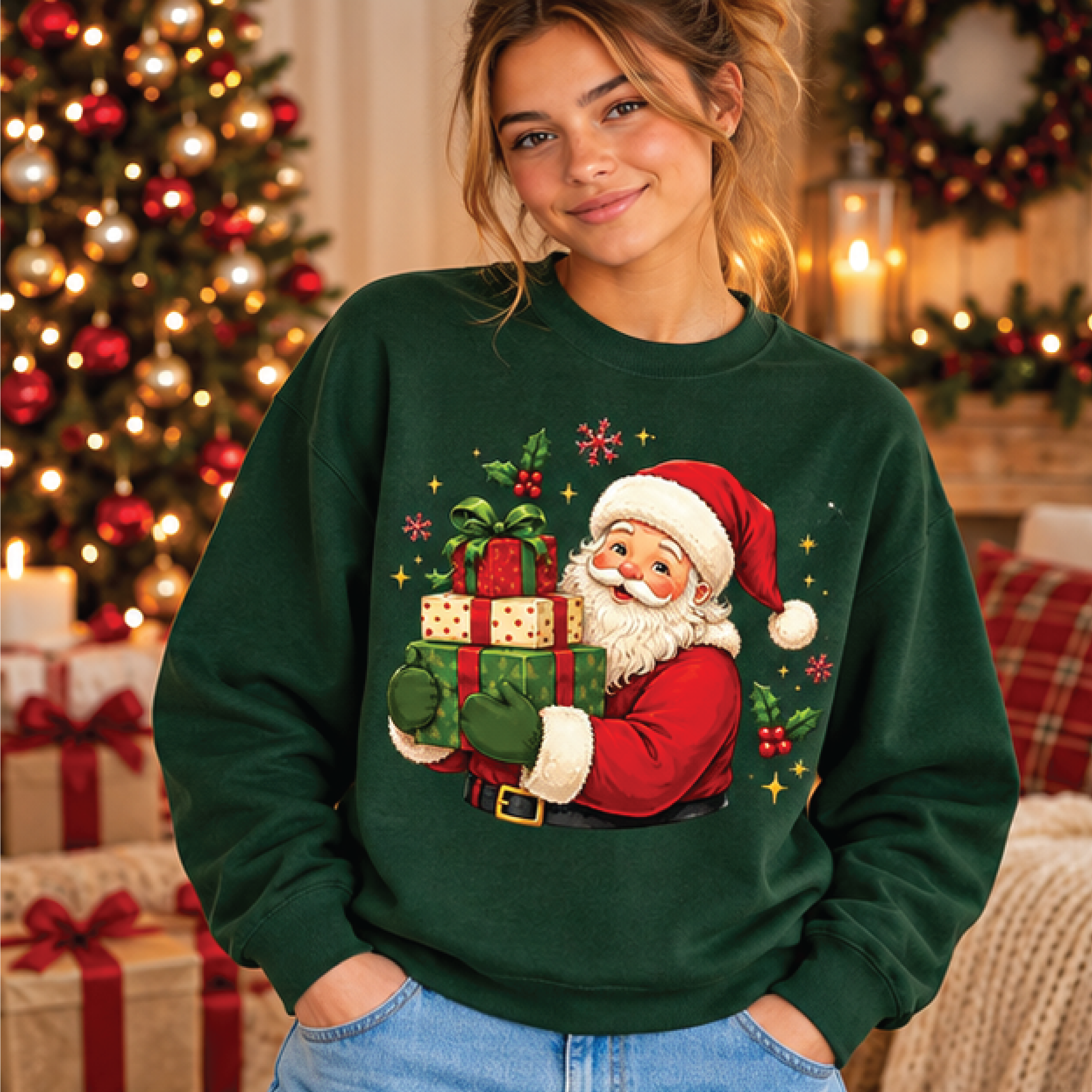 vintage santa christmas sweatshirt, santa with gifts holiday crewneck, retro xmas sweater, cozy festive christmas gift