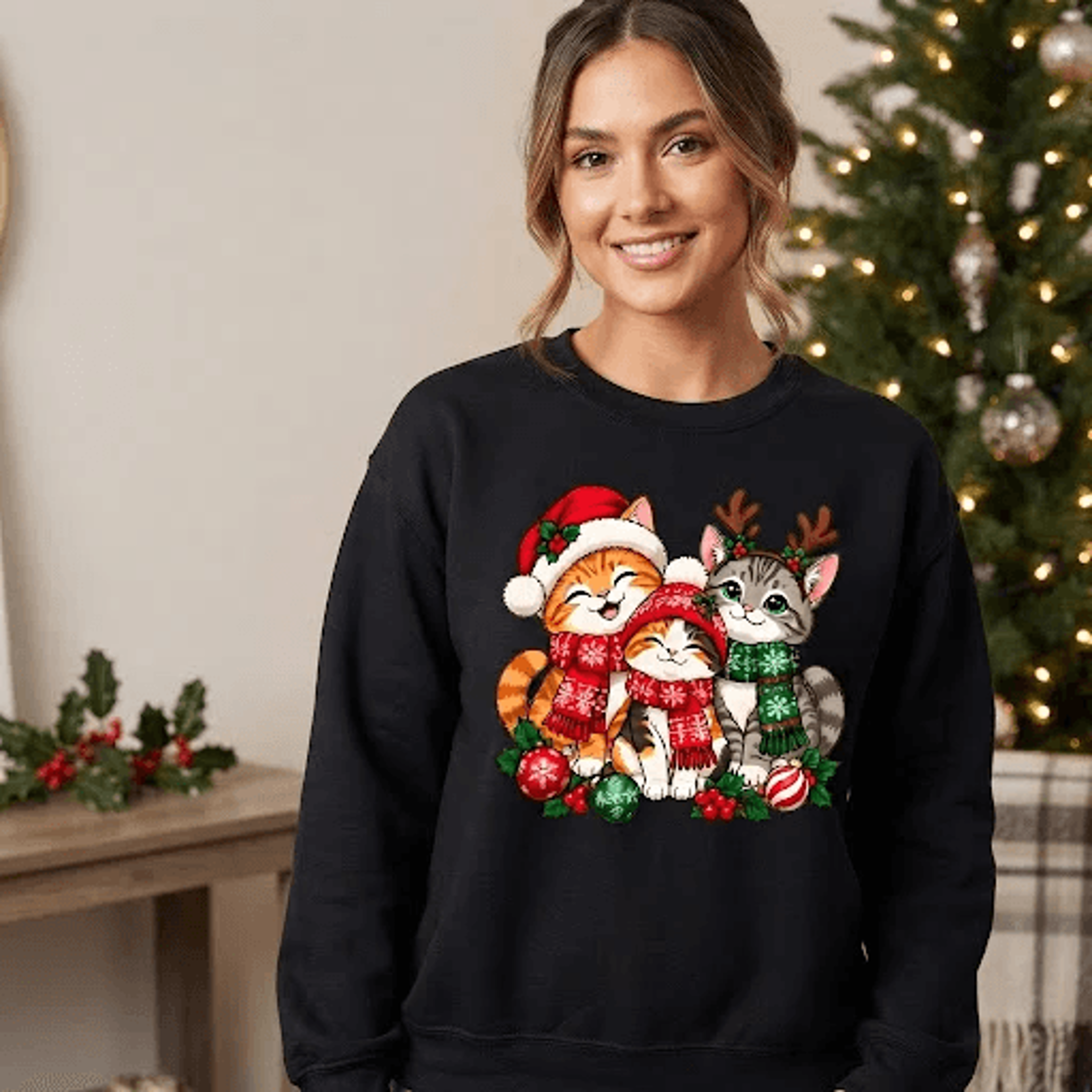 christmas cats sweatshirt, cute holiday cat crewneck, santa kitty christmas shirt, festive cat lover winter pullover