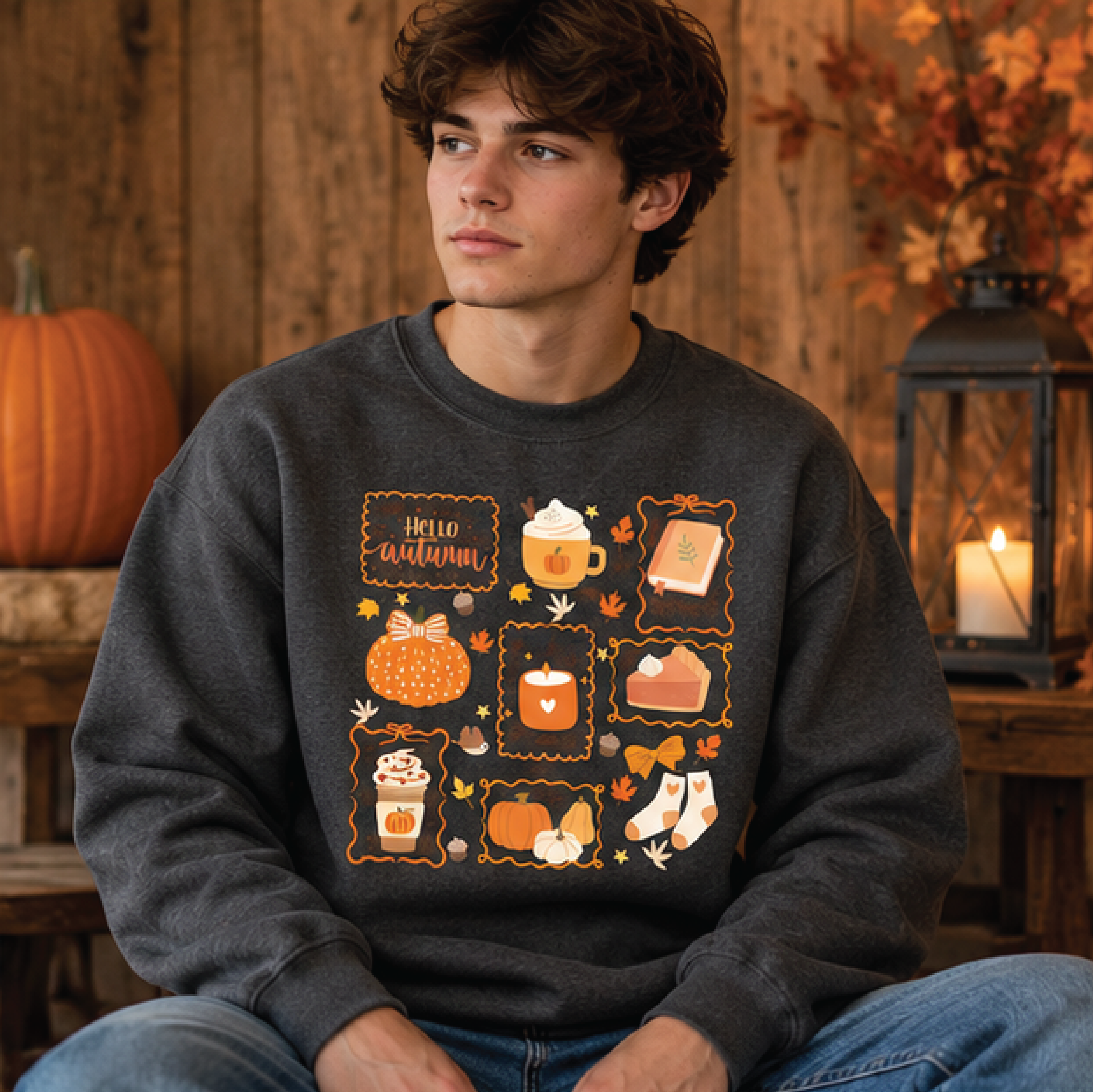 hello fall sweatshirt, cozy autumn crewneck, pumpkin spice graphic shirt, cute fall season pullover, thanksgiving autumn