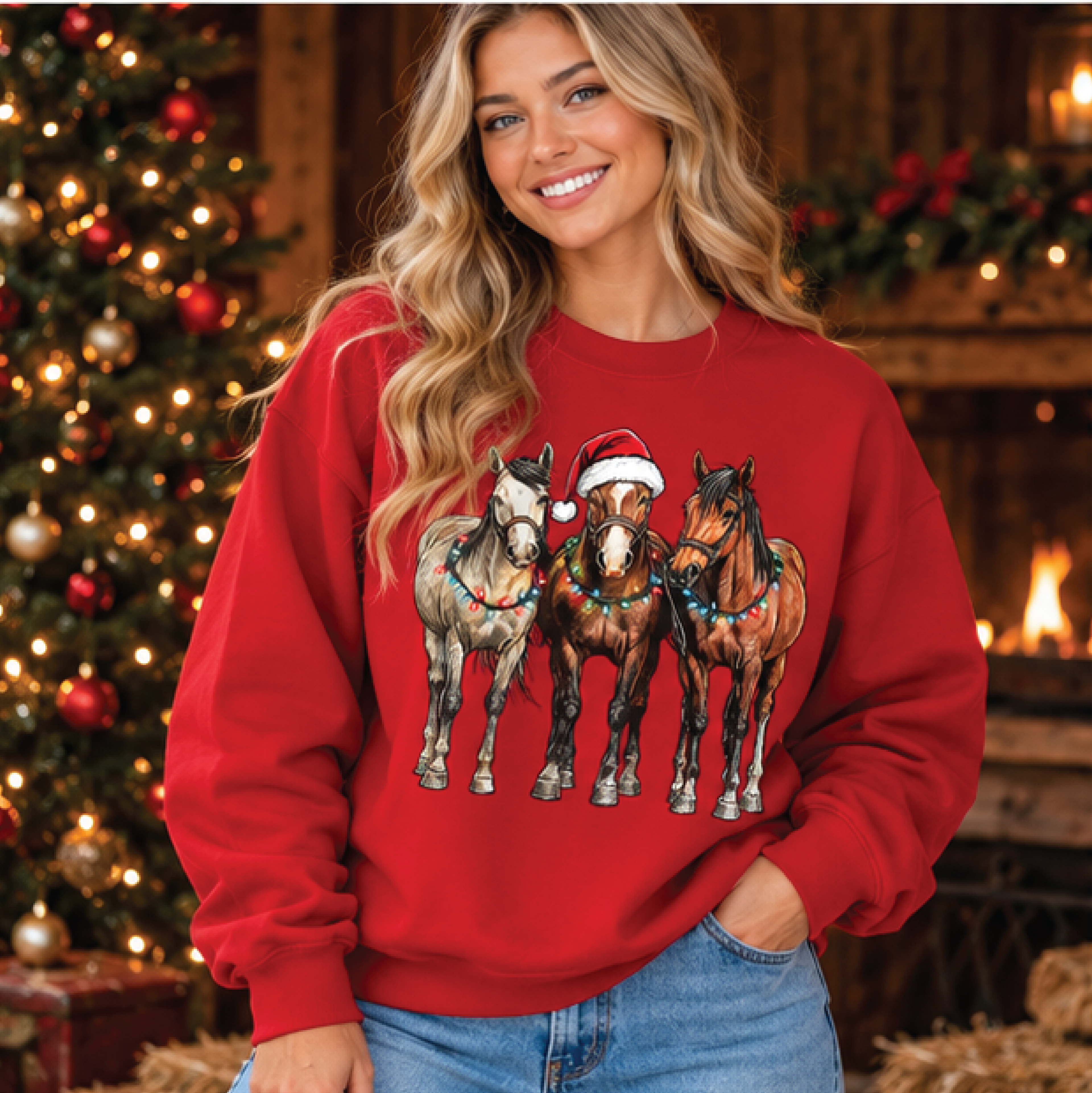 christmas horse sweatshirt, festive western horse crewneck, santa hat horses sweater, equestrian holiday gift for horse