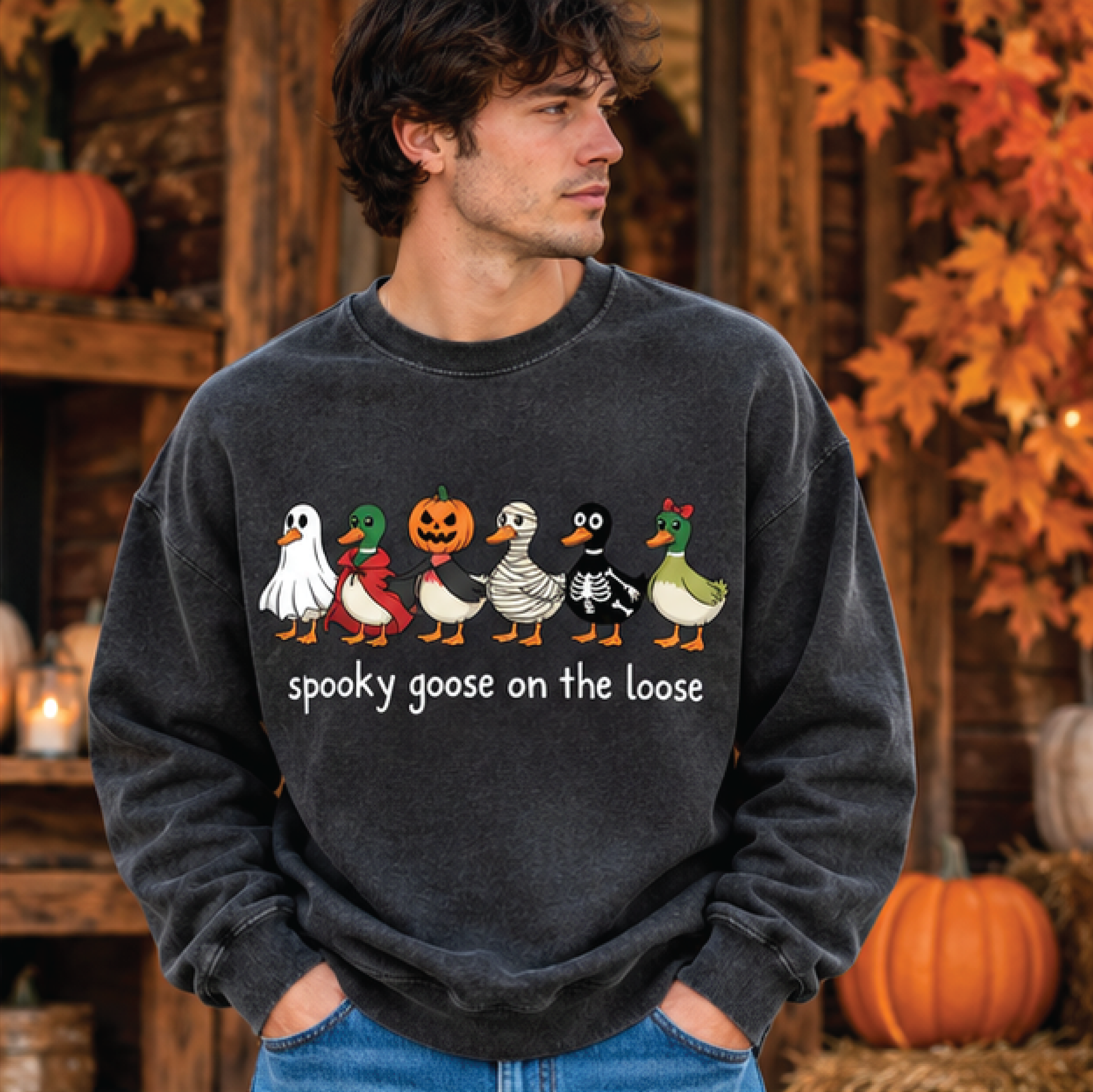 spooky goose on the loose sweatshirt, funny halloween goose crewneck, ghost pumpkin skeleton duck shirt, fall spooky