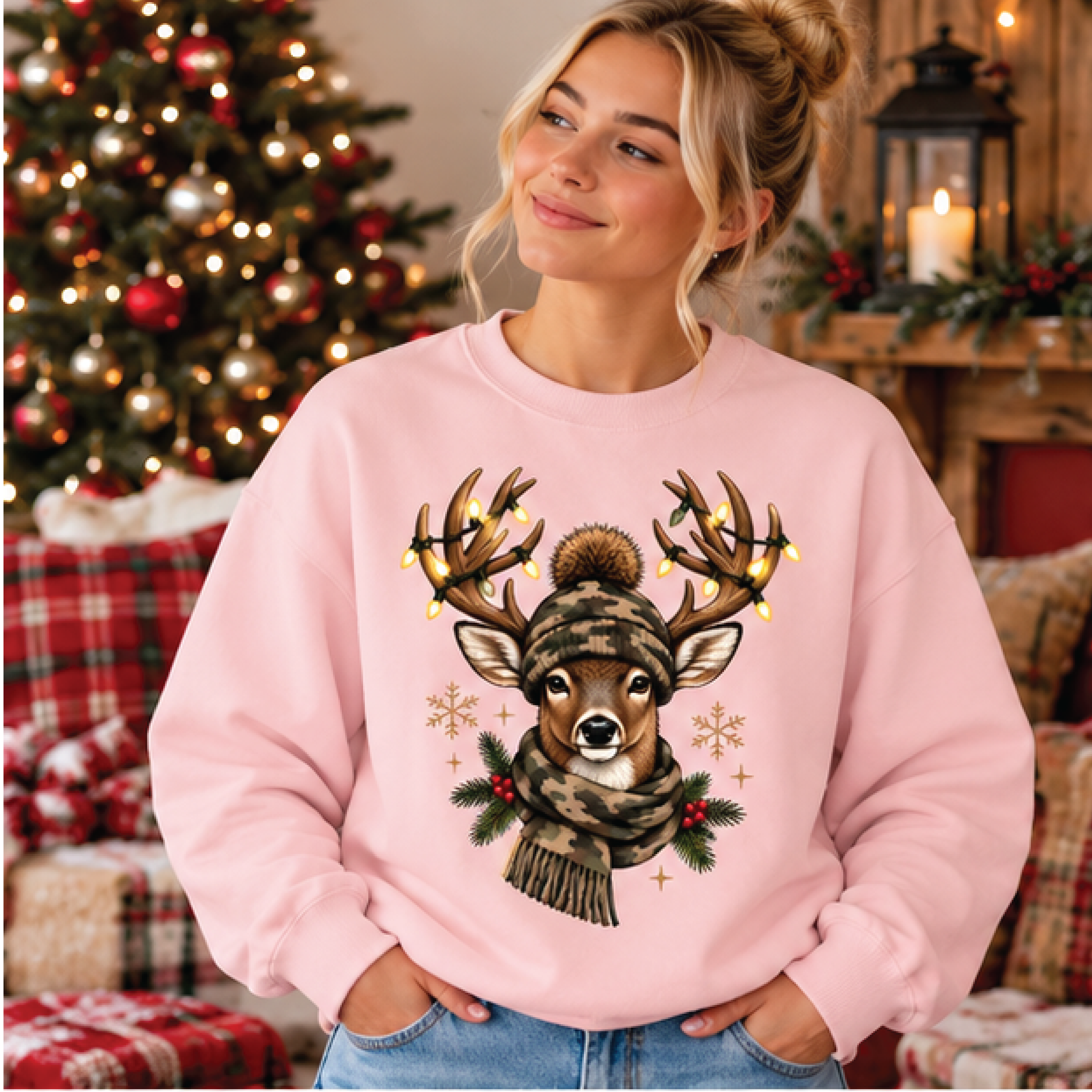 christmas deer sweatshirt, festive reindeer crewneck, camo deer holiday sweater, hunting christmas gift, winter deer