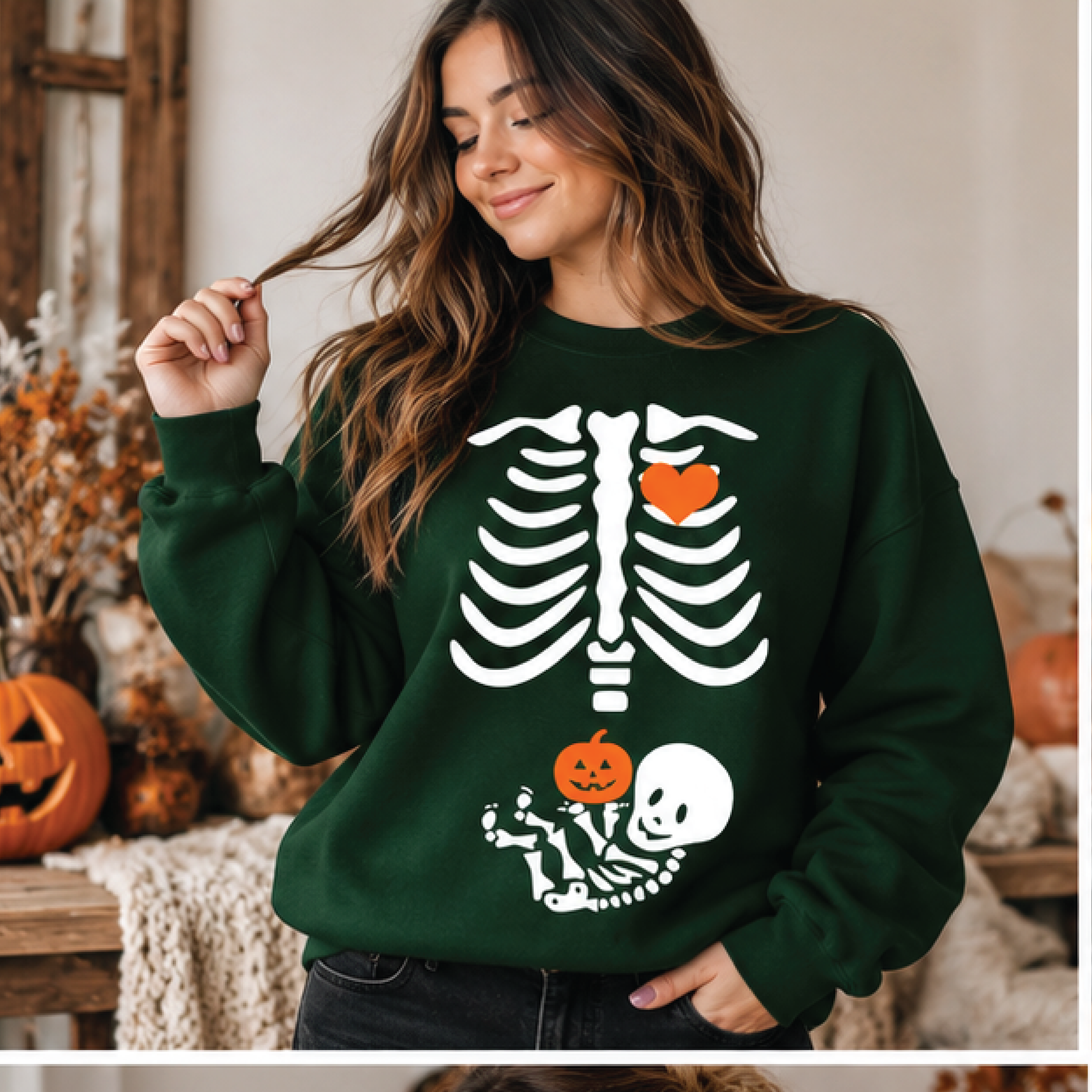 halloween skeleton baby sweatshirt, cute spooky pregnancy announcement crewneck, pumpkin heart maternity halloween gift
