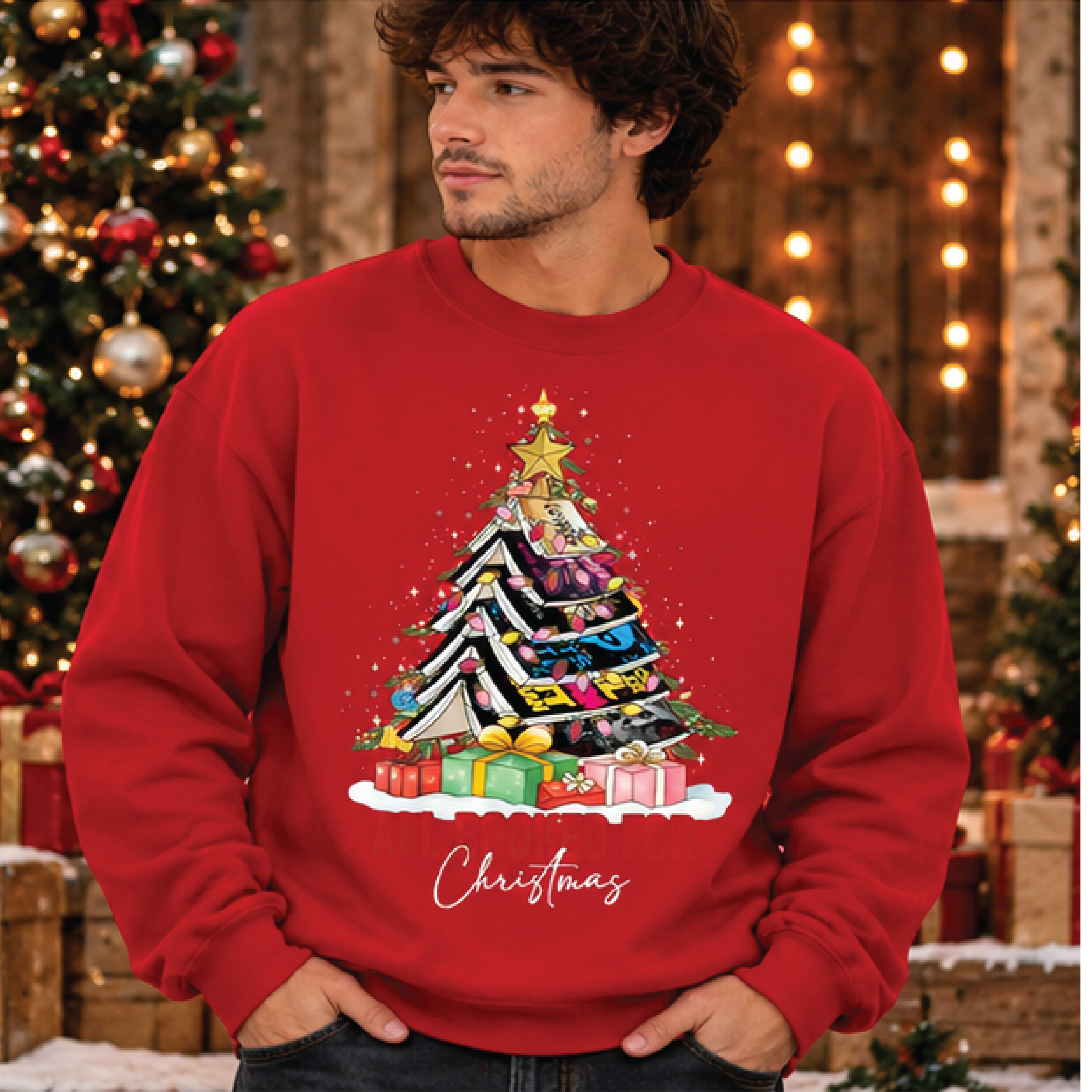 all booked for christmas sweatshirt, book lover holiday crewneck, christmas tree books graphic, cozy reading gift for bo