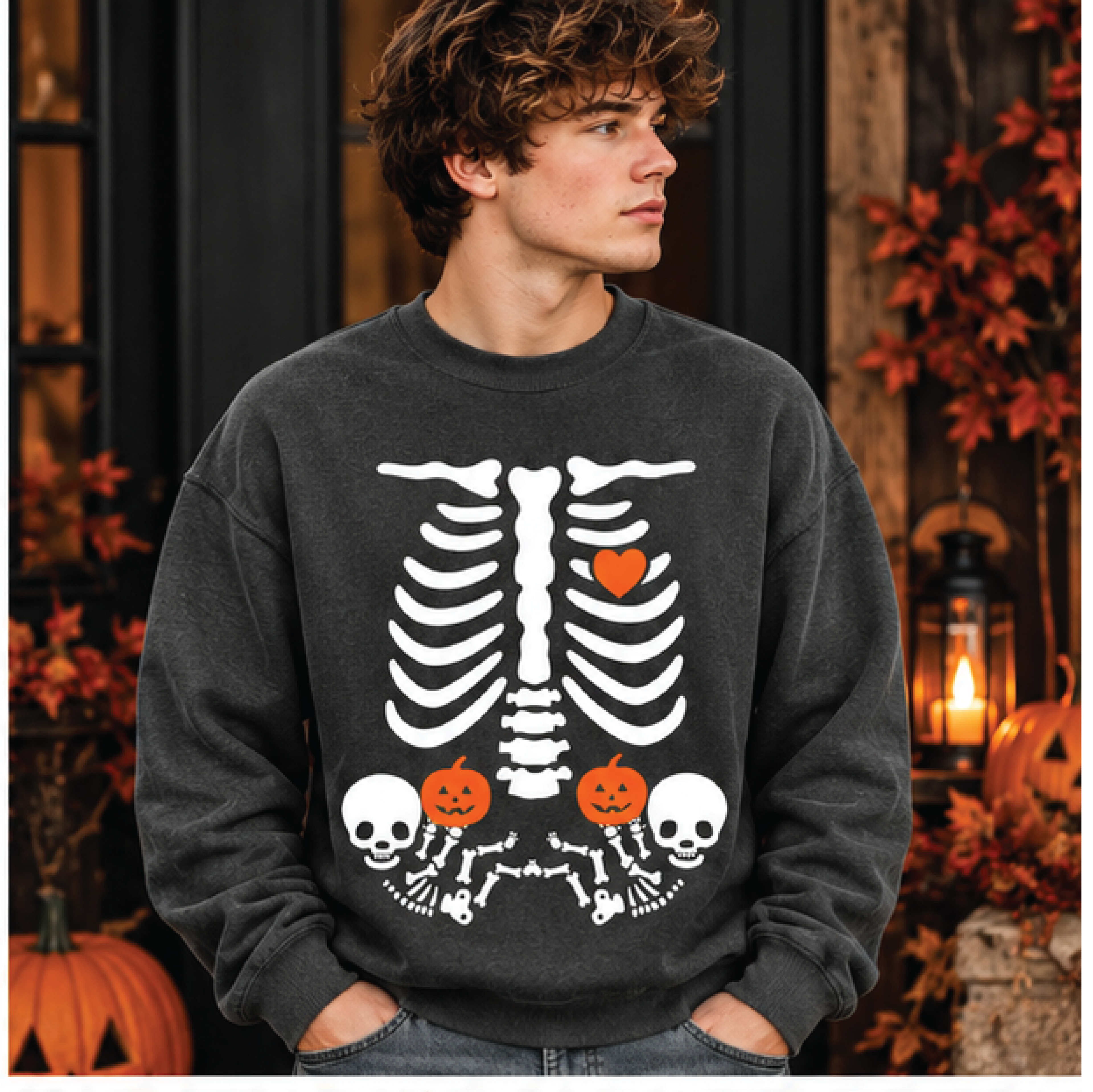 halloween skeleton sweatshirt, spooky rib cage heart graphic crewneck, cute pumpkin skeleton pullover, funny fall outfit