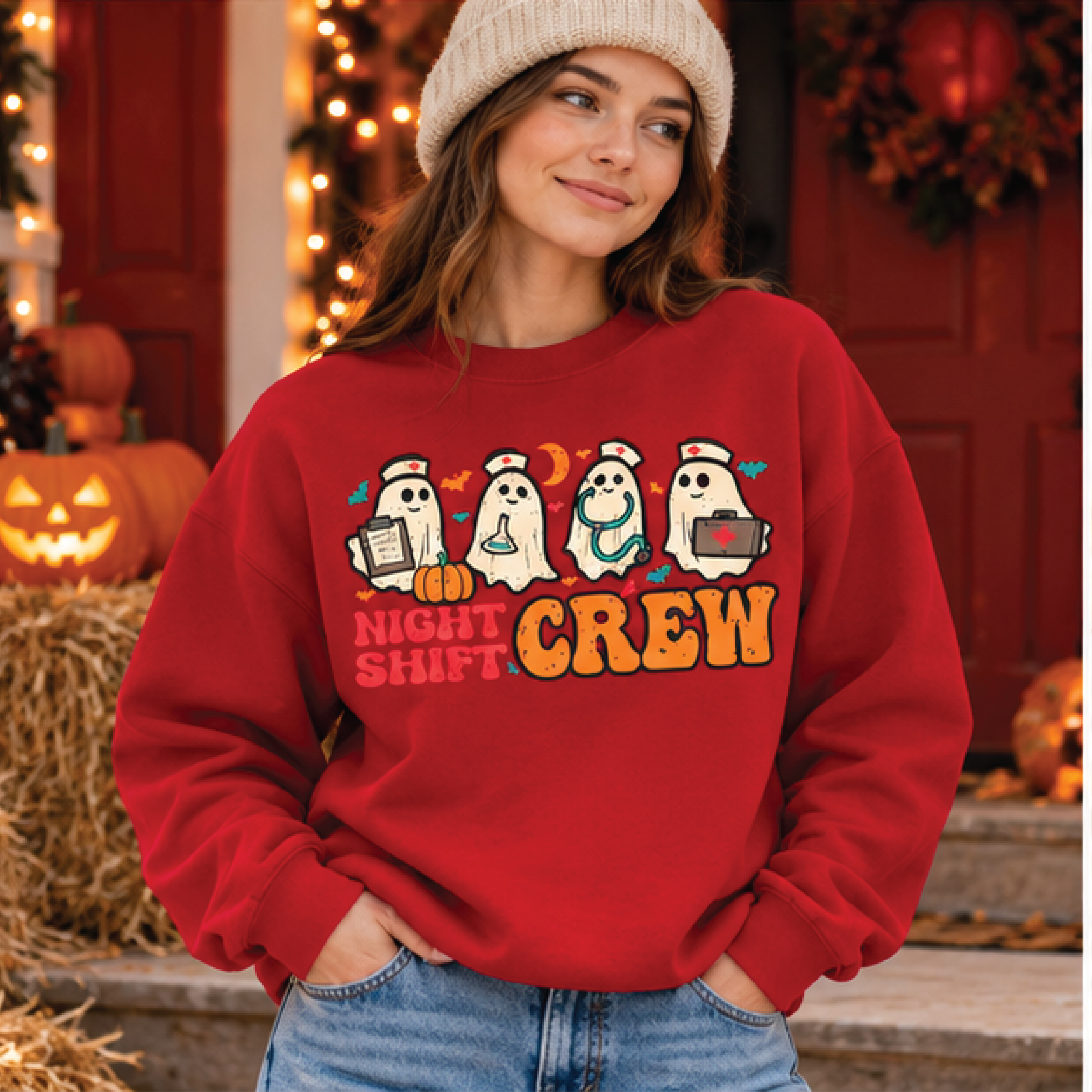 night shift crew halloween sweatshirt, cute nurse ghost graphic crewneck, spooky healthcare worker pullover, nurse