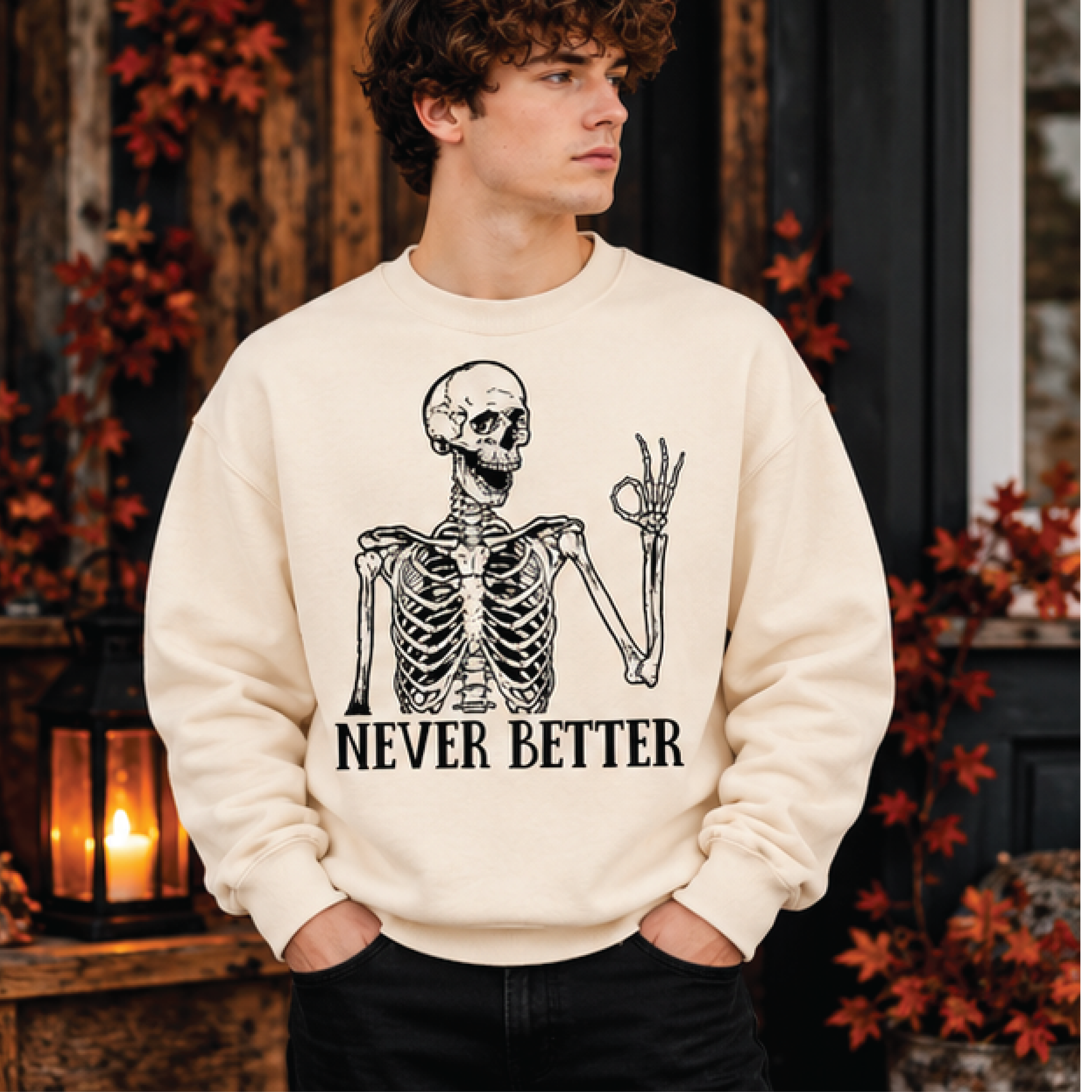 never better skeleton halloween sweatshirt, funny skeleton ok hand graphic crewneck, spooky season pullover, sarcastic g