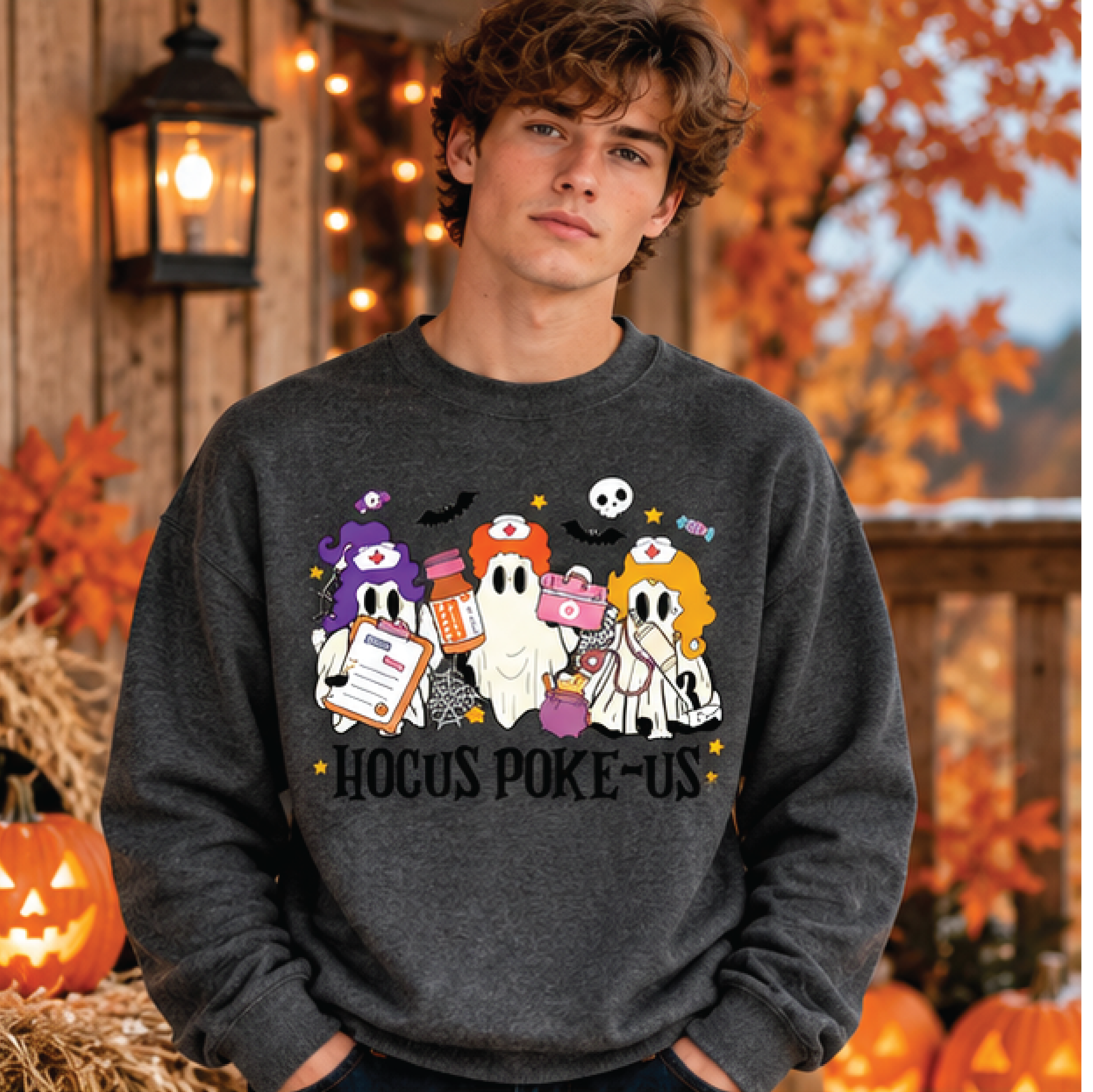 hocus poke us halloween sweatshirt, funny nurse ghost crewneck, spooky nursing graphic pullover, cute halloween nurse