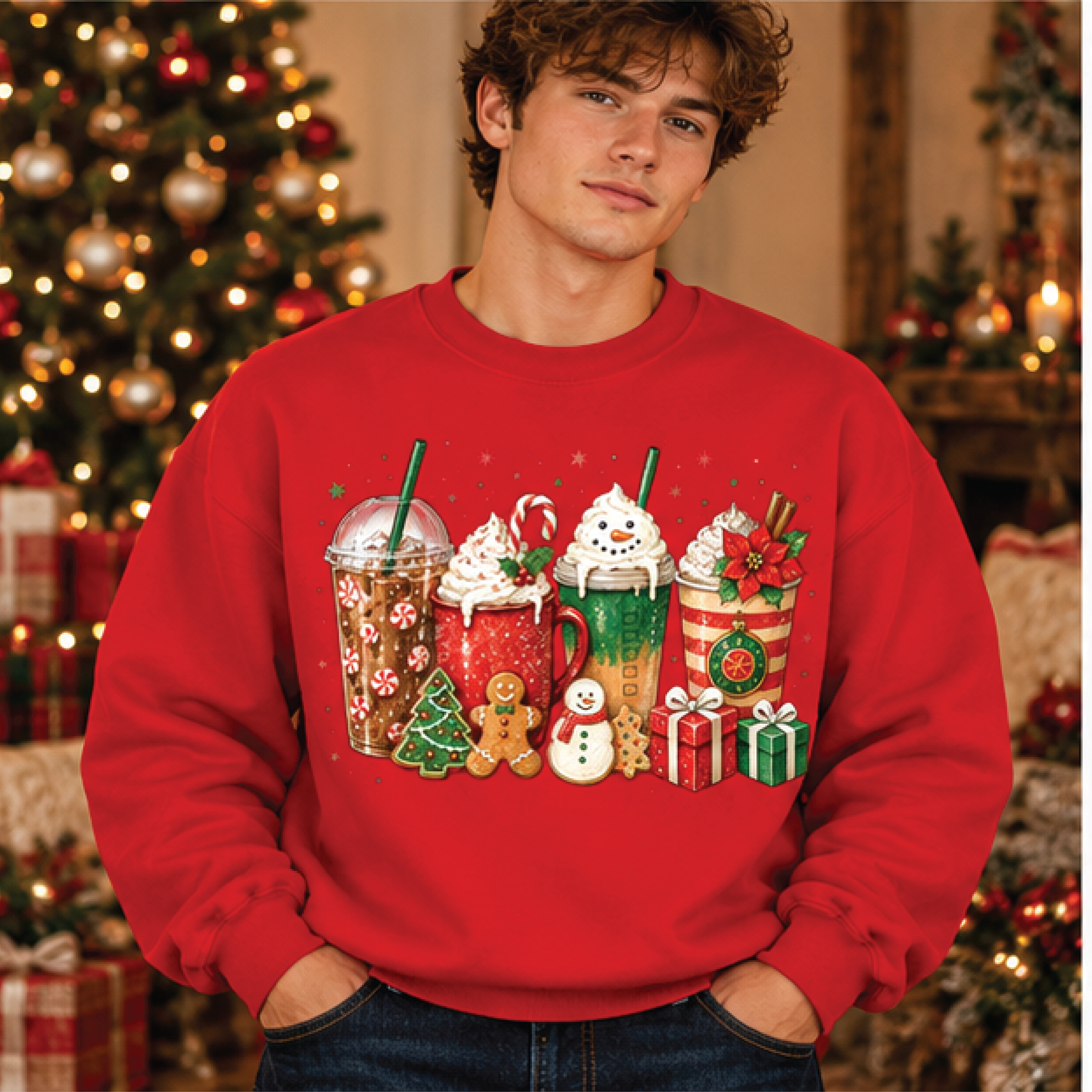 christmas coffee sweatshirt, festive holiday drinks crewneck, cute gingerbread snowman graphic pullover, cozy winter