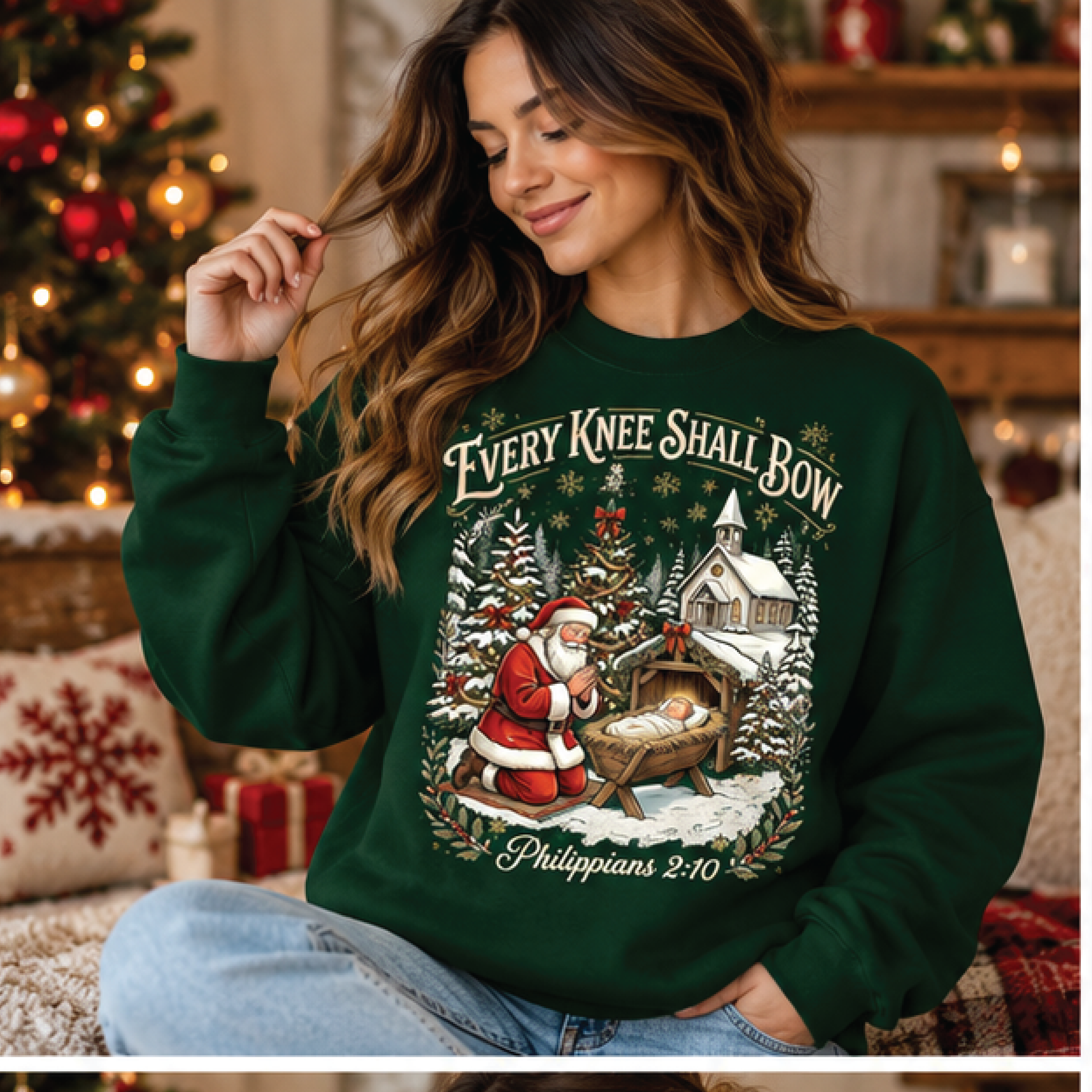 every knee shall bow christmas sweatshirt, philippians 2,10 christian crewneck, jesus nativity graphic pullover, faith