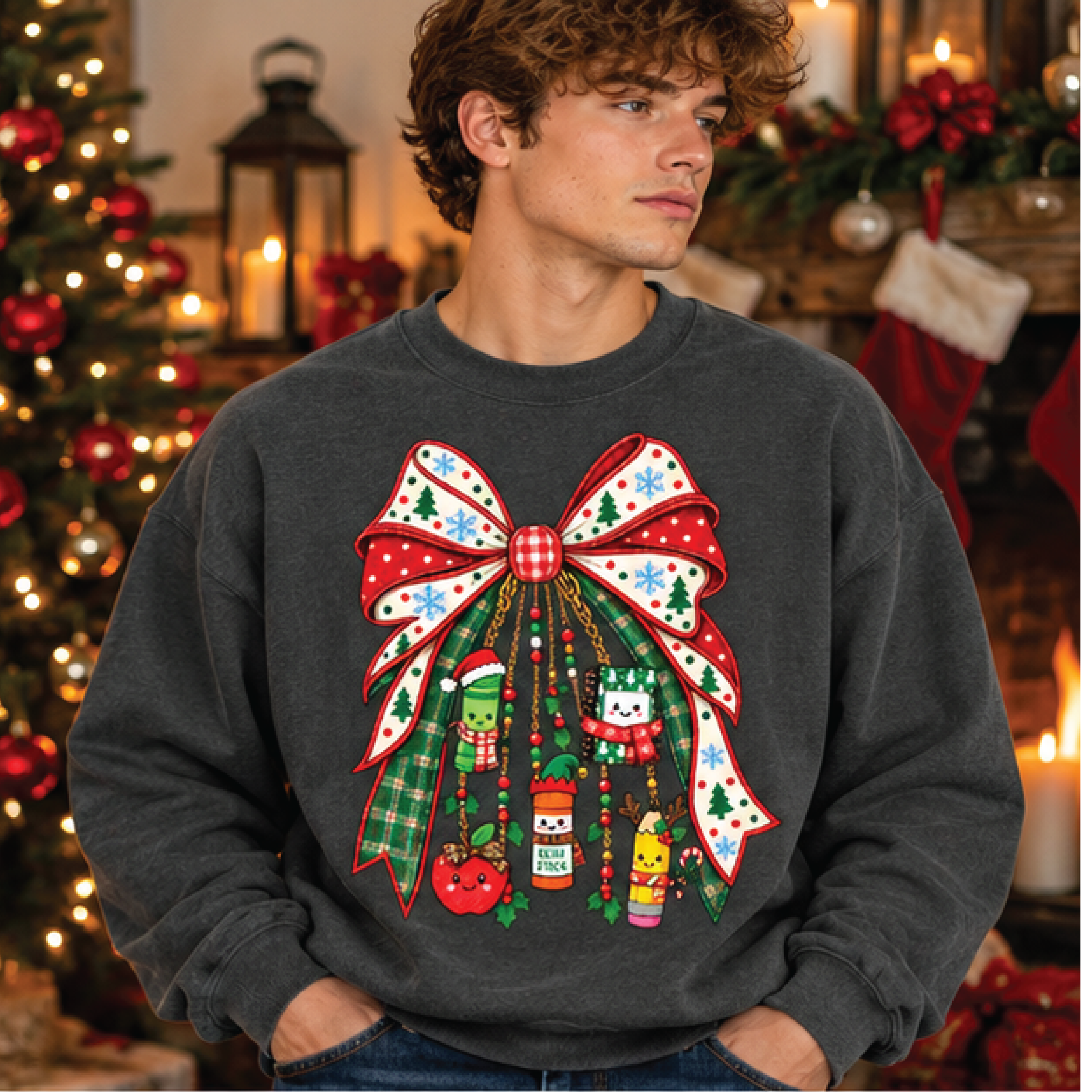 christmas bow sweatshirt, cute kawaii holiday characters crewneck, festive coquette christmas ribbon pullover, xmas gift