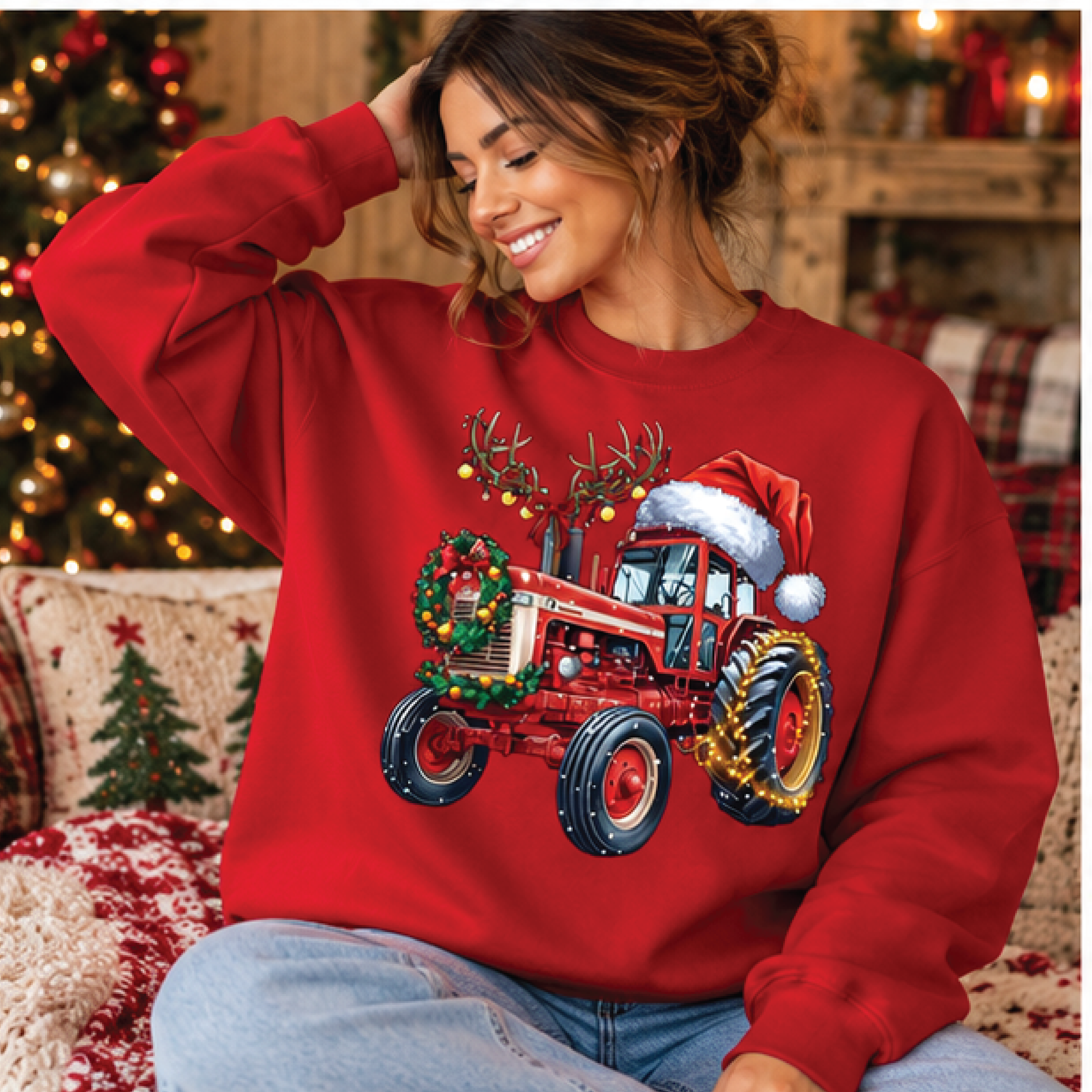 christmas tractor sweatshirt, vintage red farm tractor crewneck, santa hat holiday pullover, farmer christmas gift