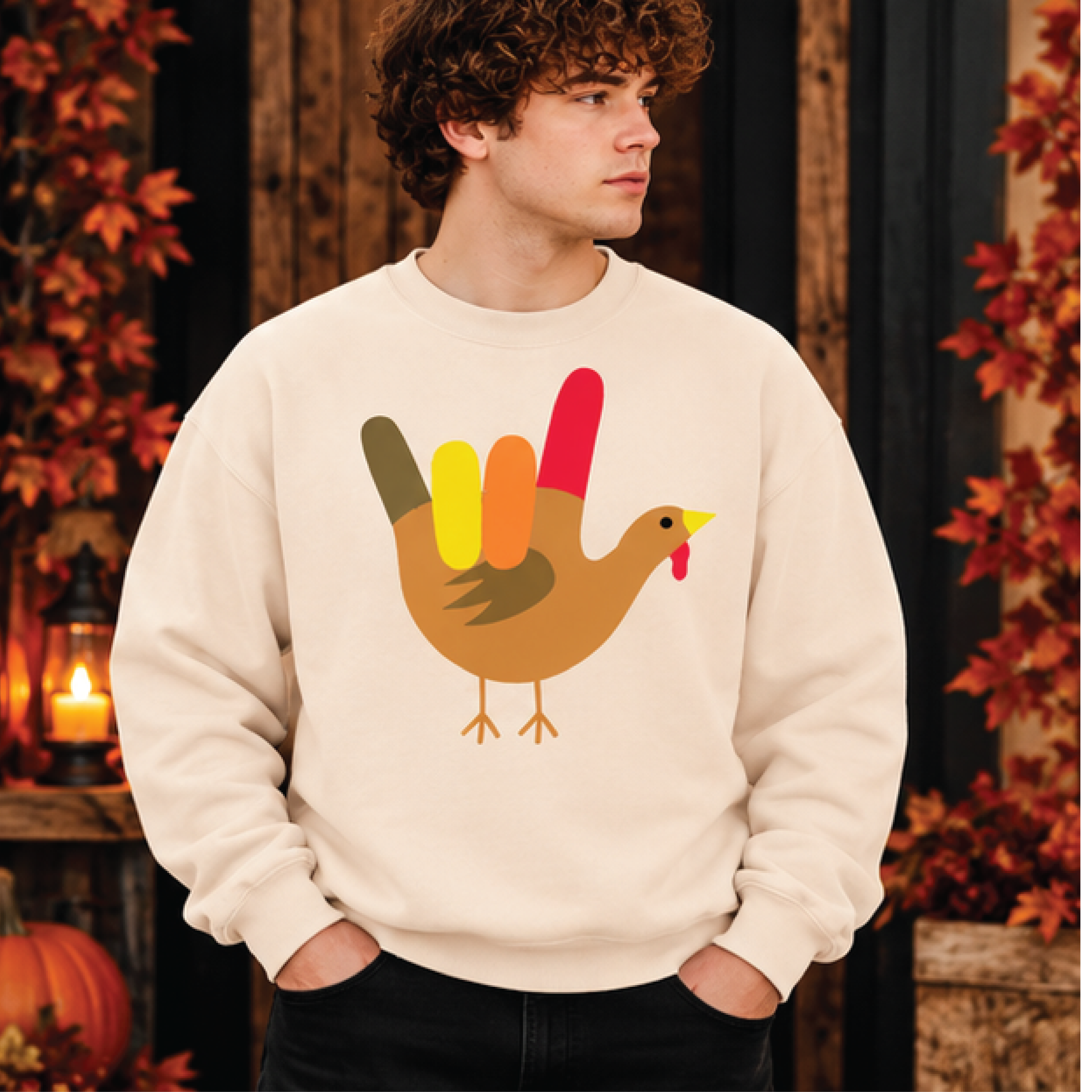 funny thanksgiving turkey sweatshirt, rock on turkey hand sign crewneck, cute fall holiday pullover, thanksgiving outfit