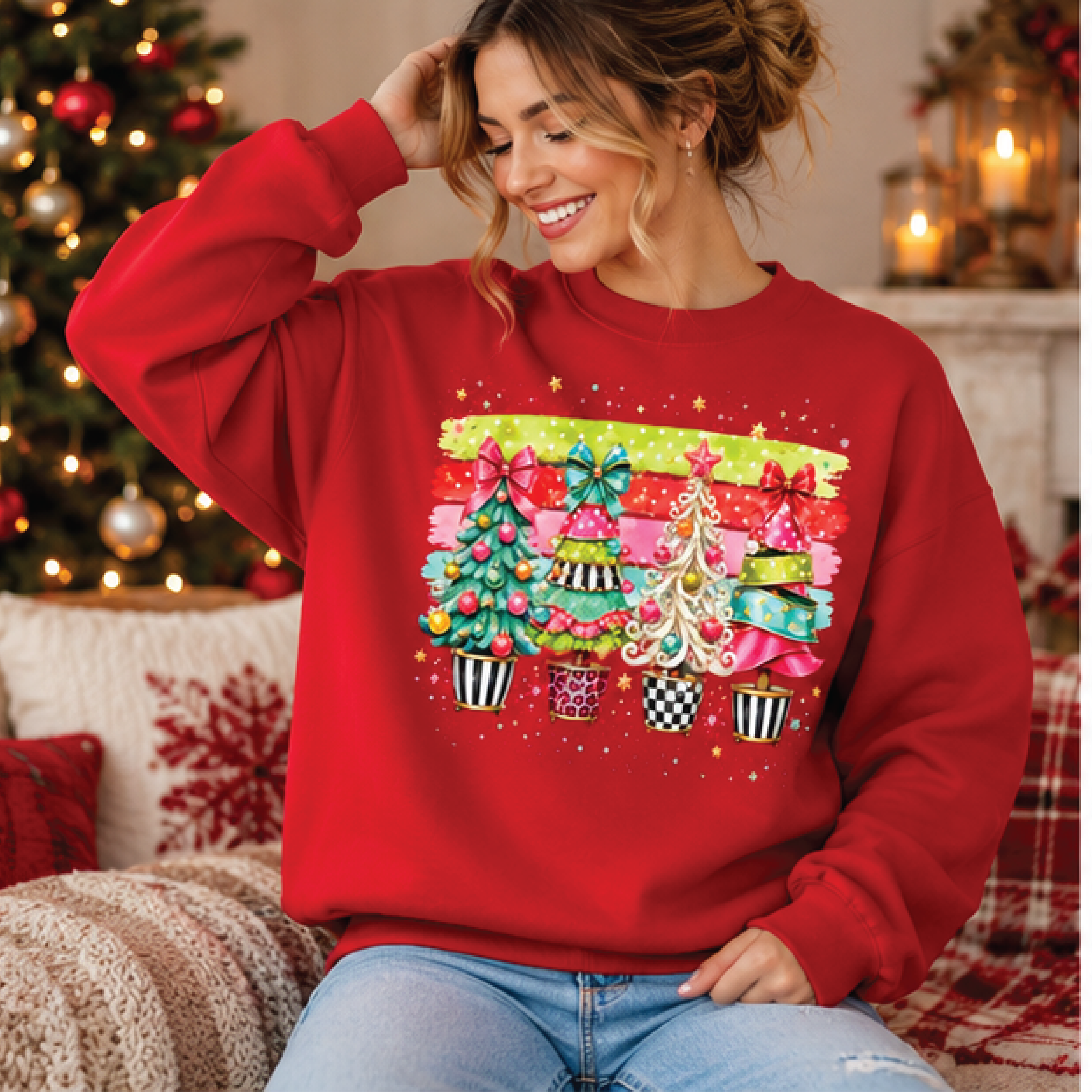 colorful christmas trees sweatshirt, whimsical holiday tree crewneck, pink preppy christmas pullover, festive winter