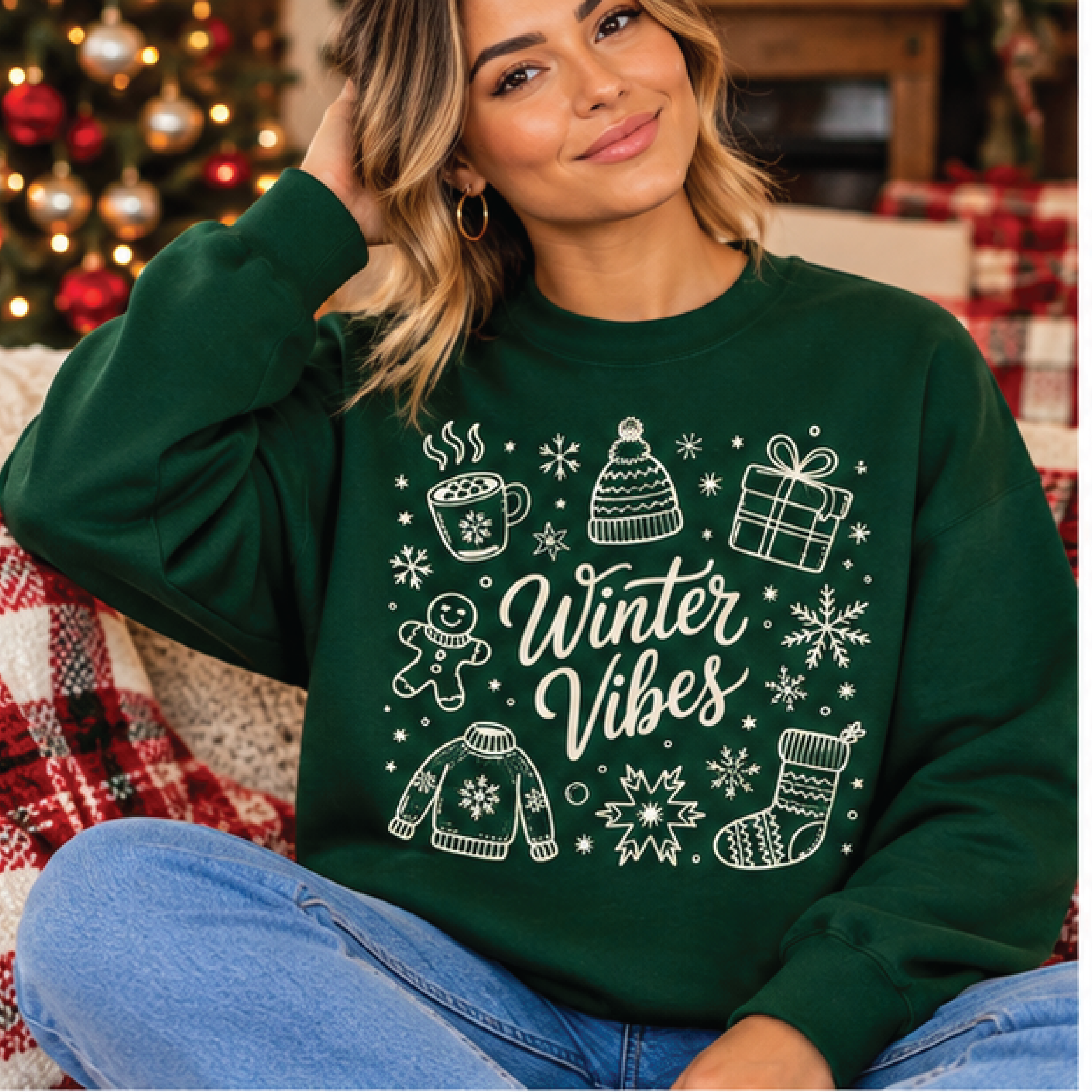 winter vibes sweatshirt, cozy winter crewneck, snowflake gingerbread holiday sweater, cute christmas season pullover