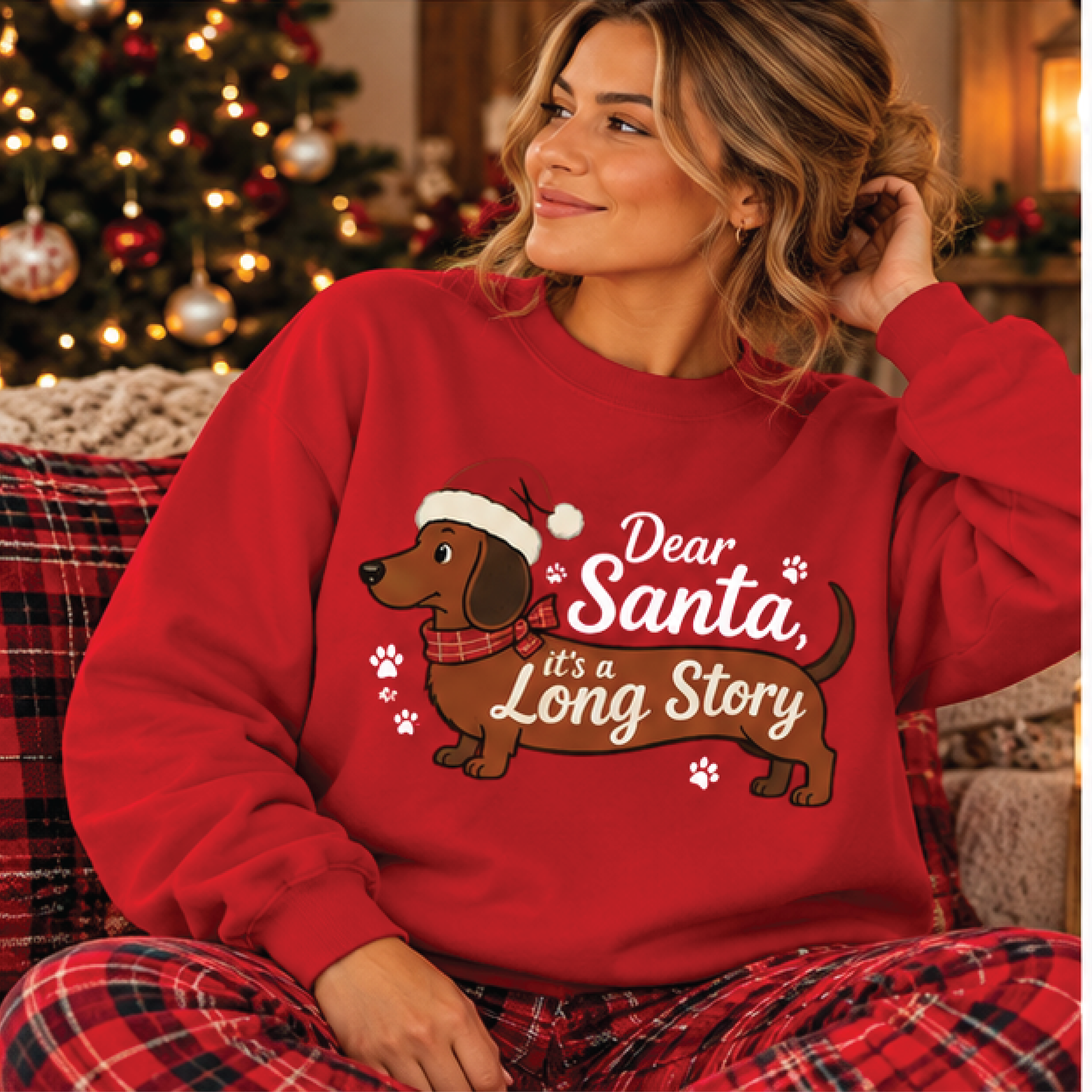 dear santa it's a long story dachshund christmas sweatshirt, funny wiener dog holiday crewneck, cute dog lover christmas