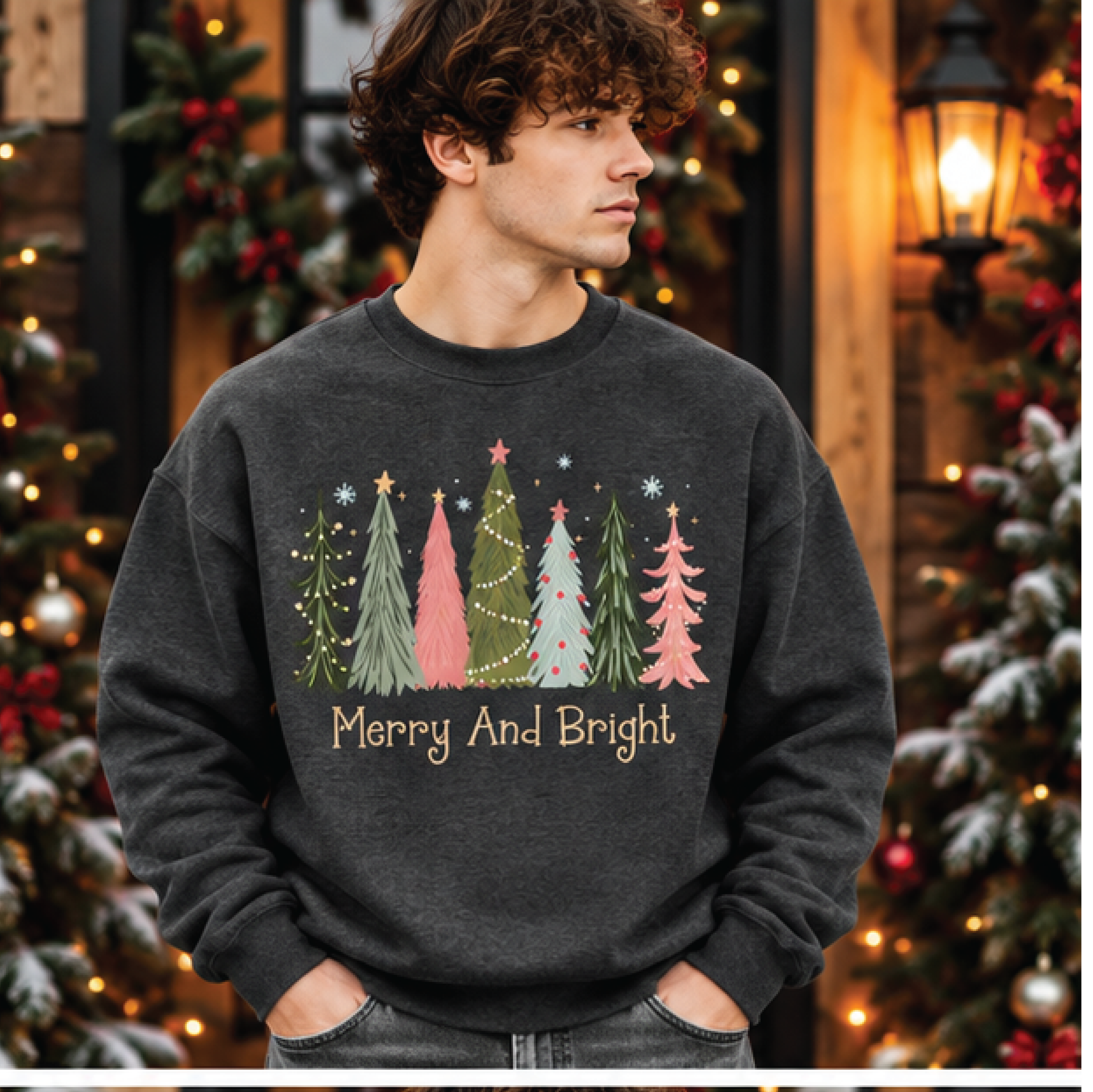 merry and bright christmas sweatshirt, pastel christmas trees crewneck, cute holiday sweater, festive winter gift