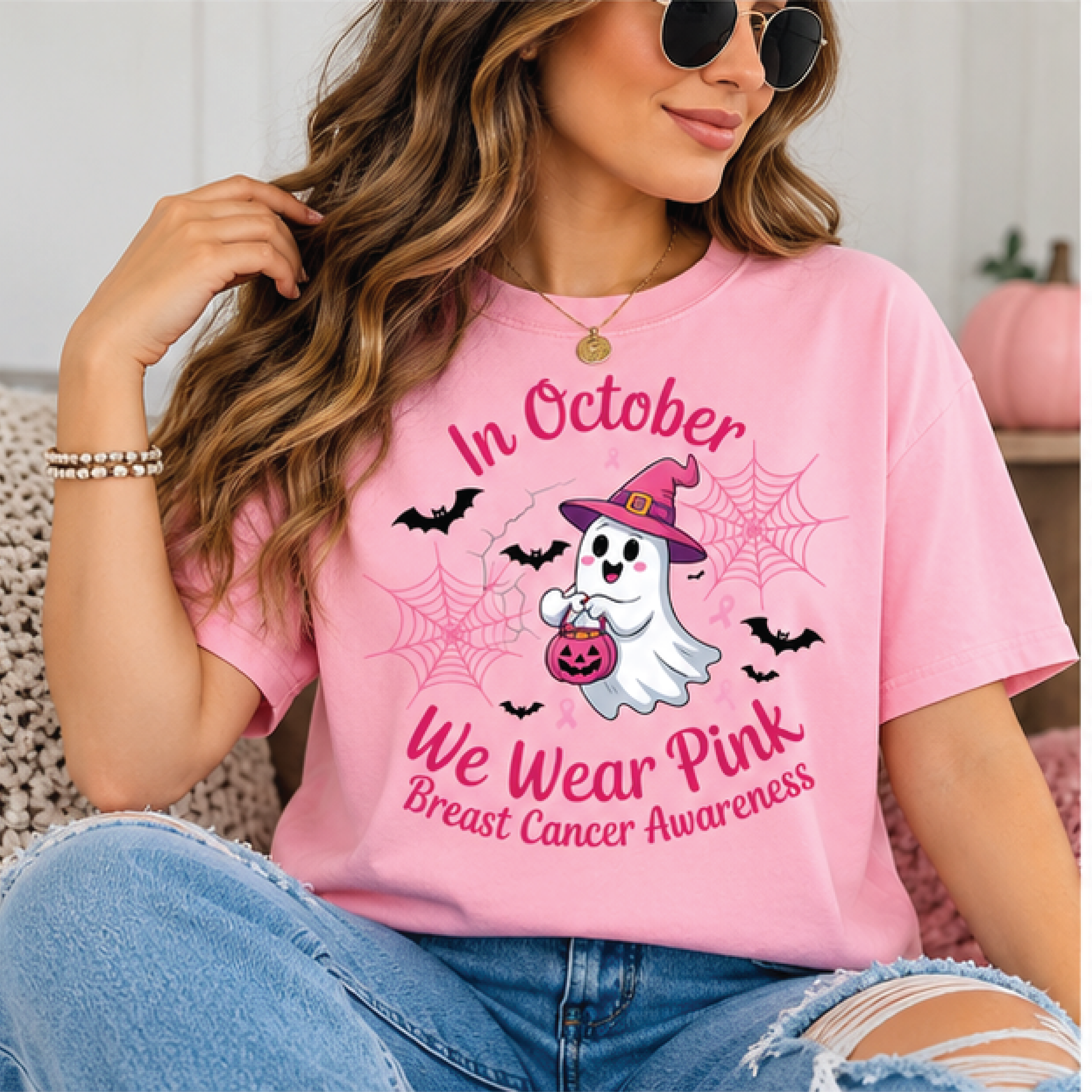 in october we wear pink shirt, breast cancer awareness halloween tee, pink ghost witch graphic t-shirt, support ribbon
