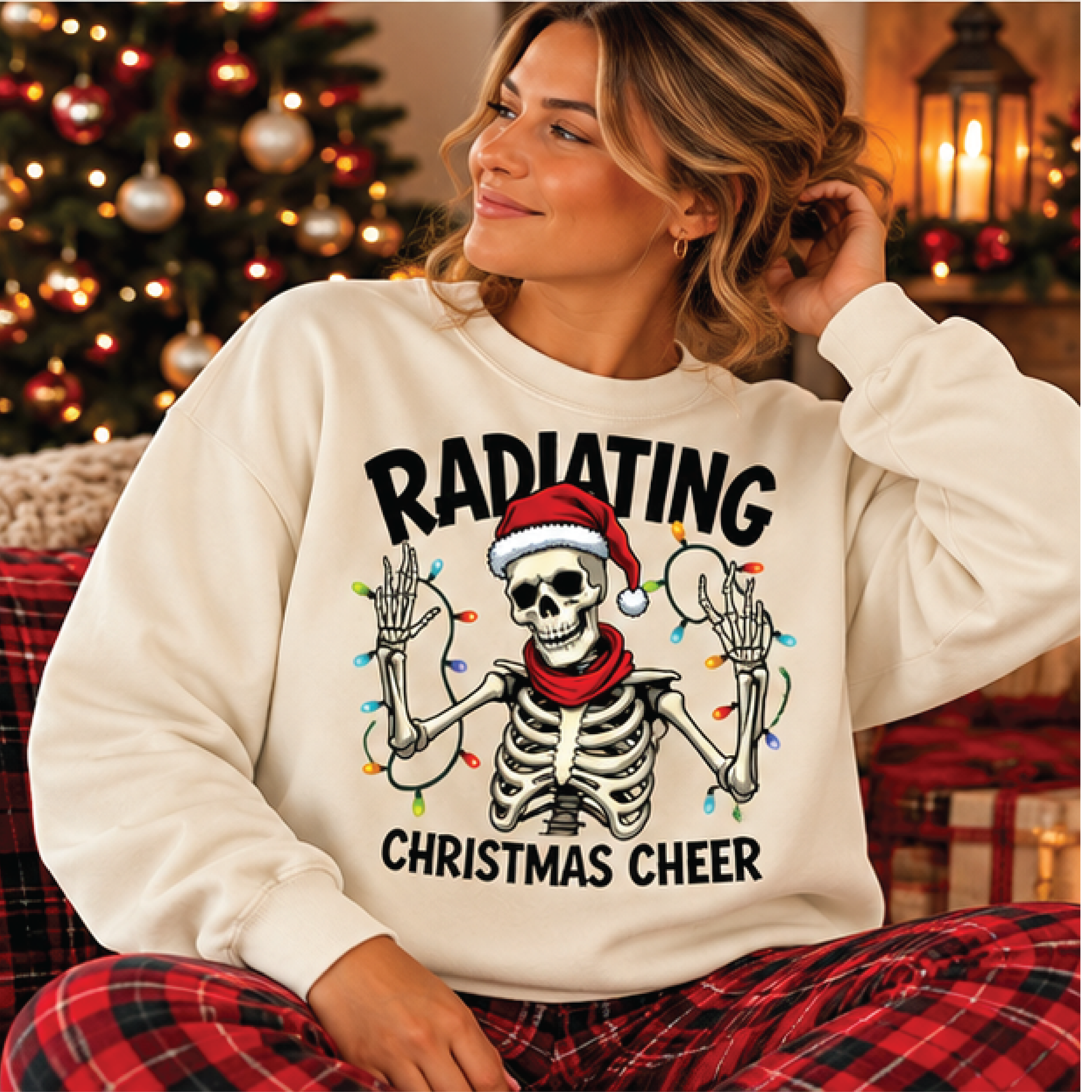 radiating christmas cheer sweatshirt, funny santa skeleton crewneck, festive holiday lights graphic sweater, christmas