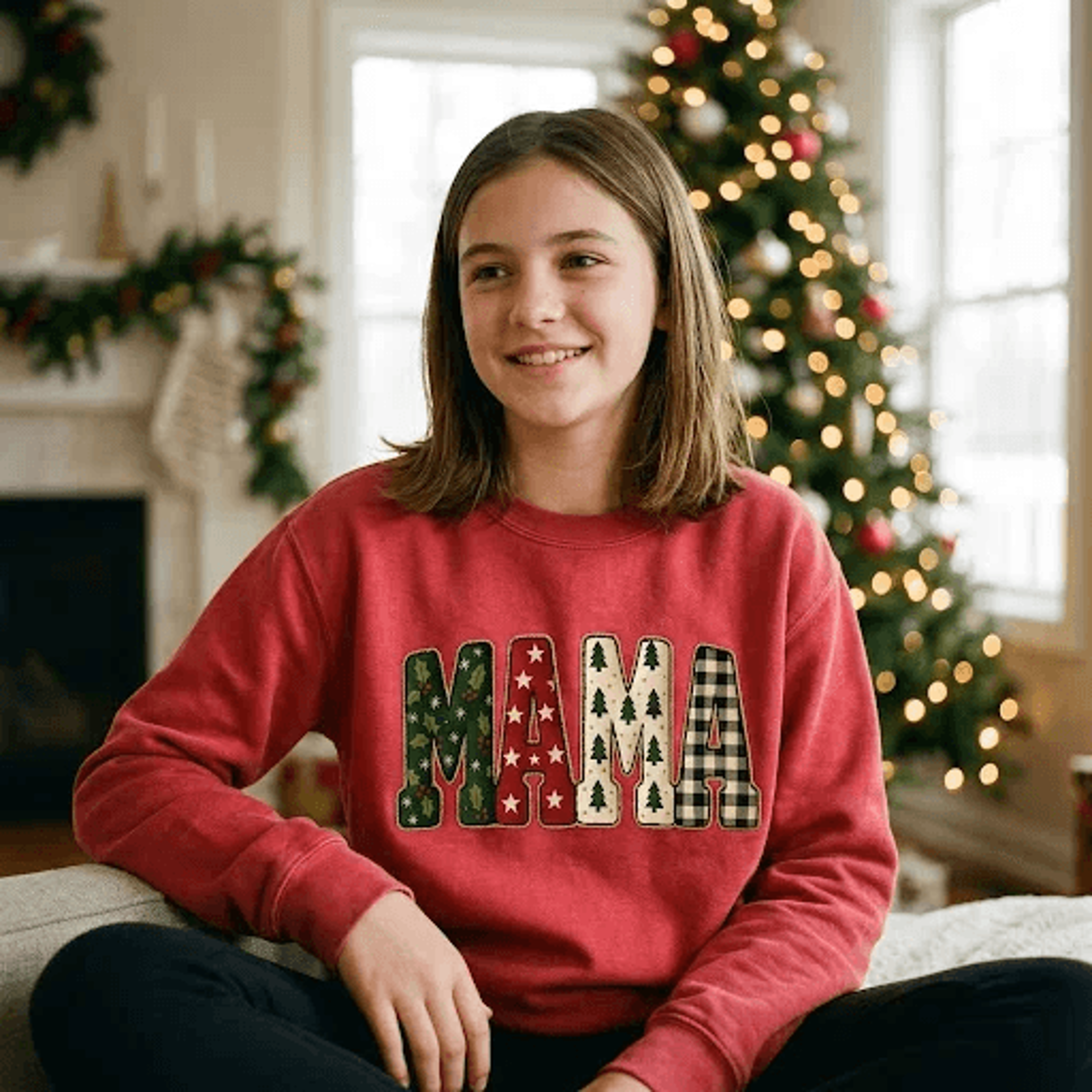christmas mama sweatshirt, festive mama crewneck, christmas tree plaid letter graphic sweater, cute holiday mom gift