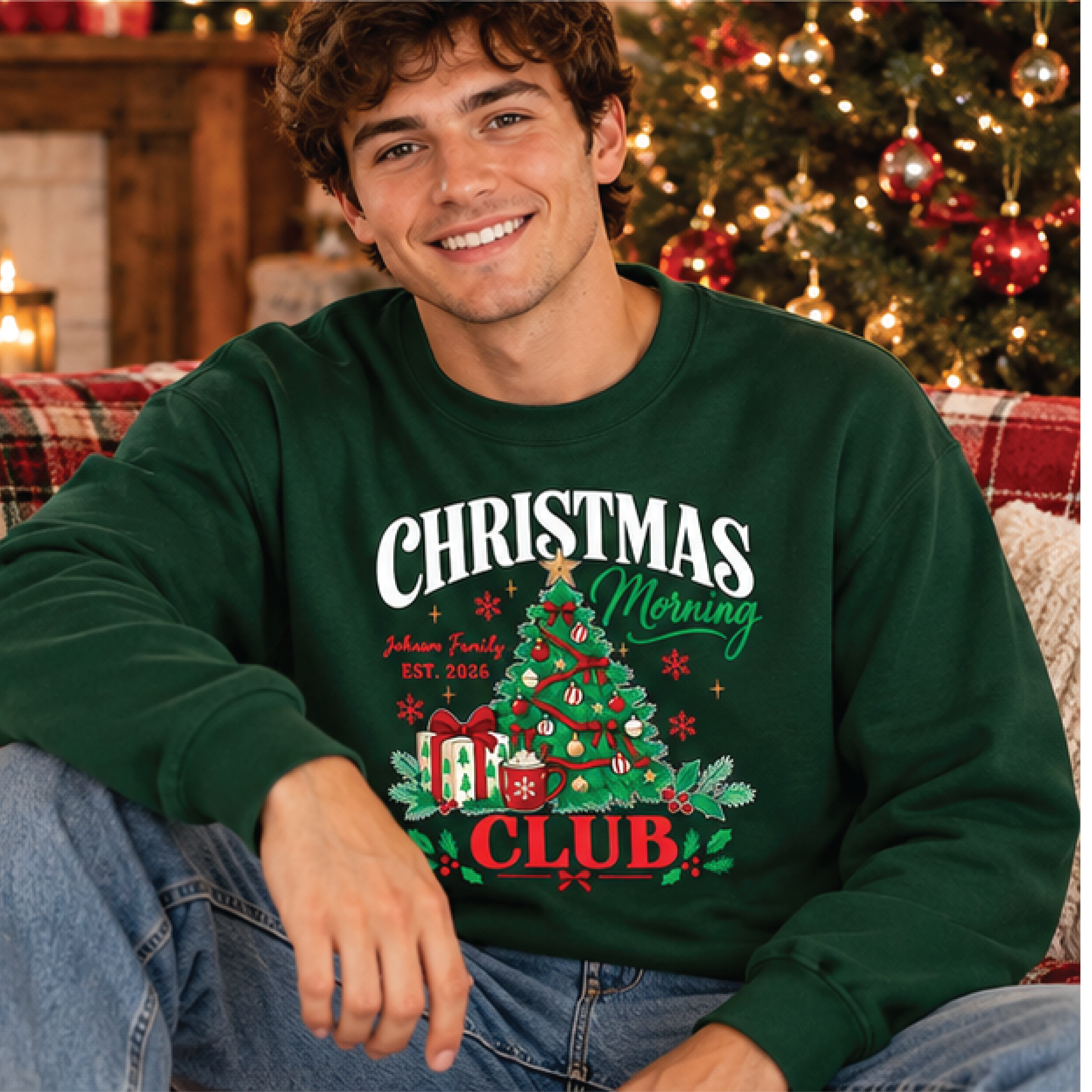 personalized christmas morning club sweatshirt, custom family name christmas tree crewneck, cozy holiday matching family