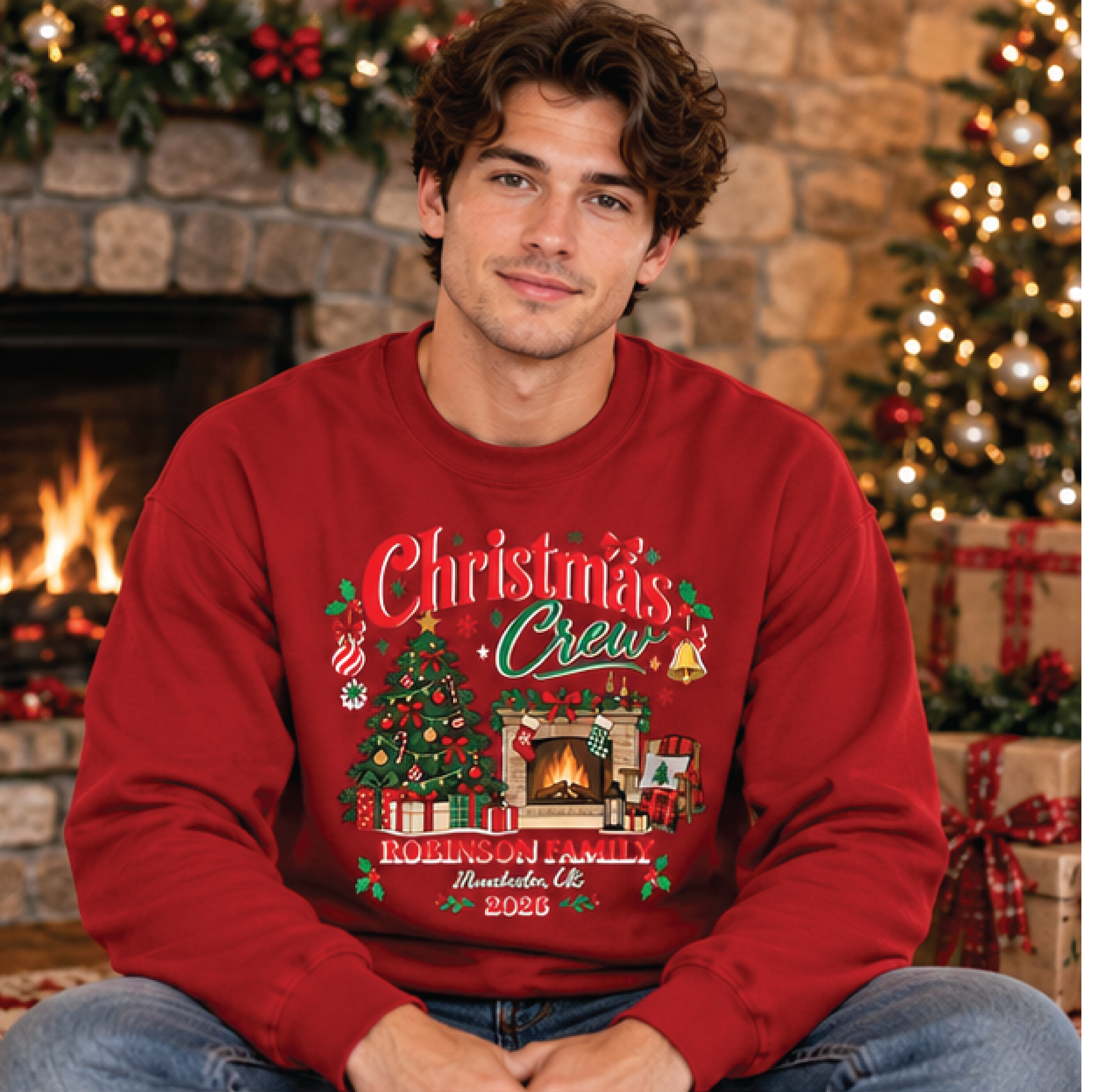 personalized christmas crew sweatshirt, custom family name holiday crewneck, christmas fireplace shirt, matching family