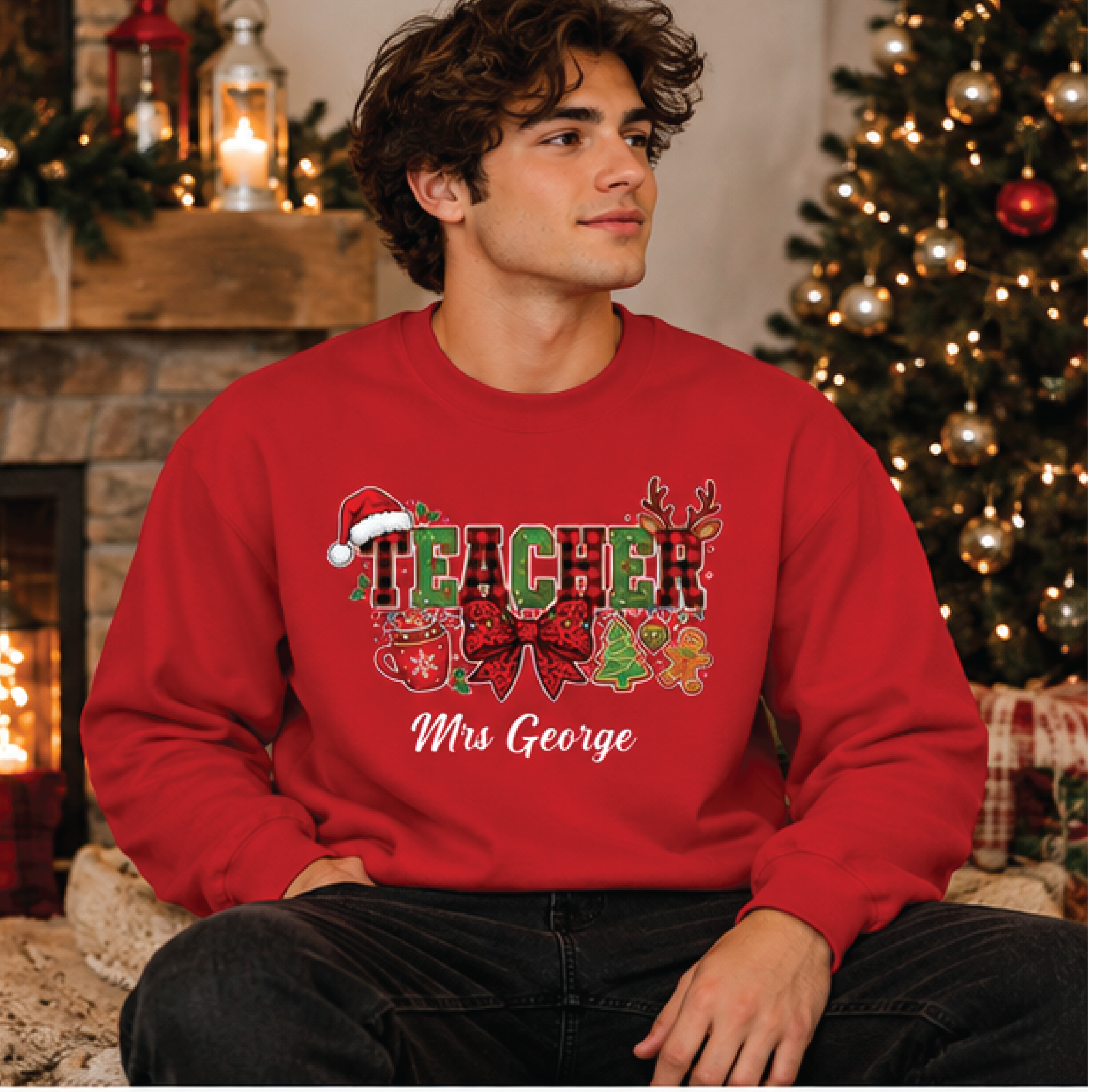 personalized teacher christmas sweatshirt, custom teacher name holiday crewneck, cute festive xmas gift for teachers