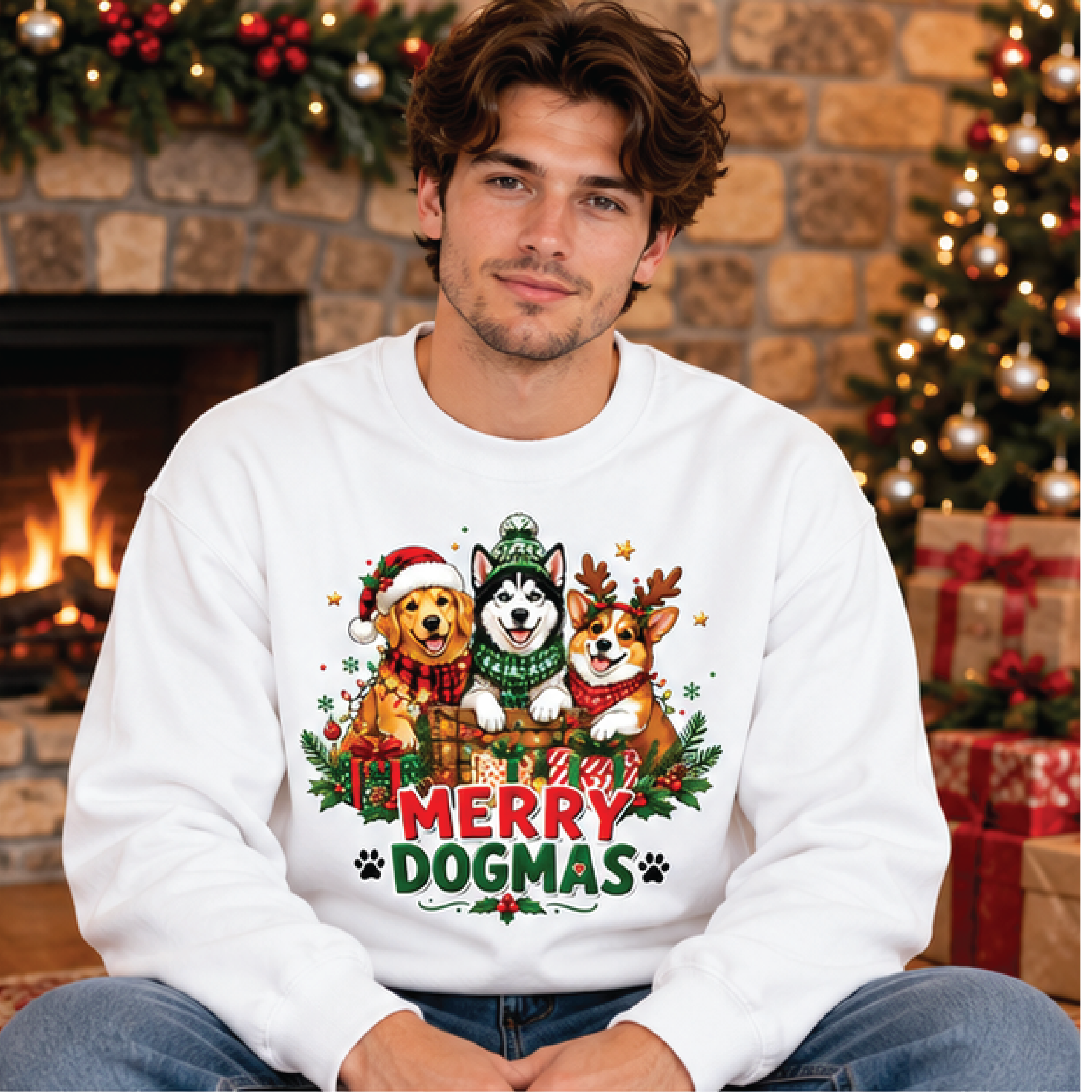 merry dogmas christmas sweatshirt, cute three dogs holiday crewneck, funny dog lover christmas sweater, festive pet gift