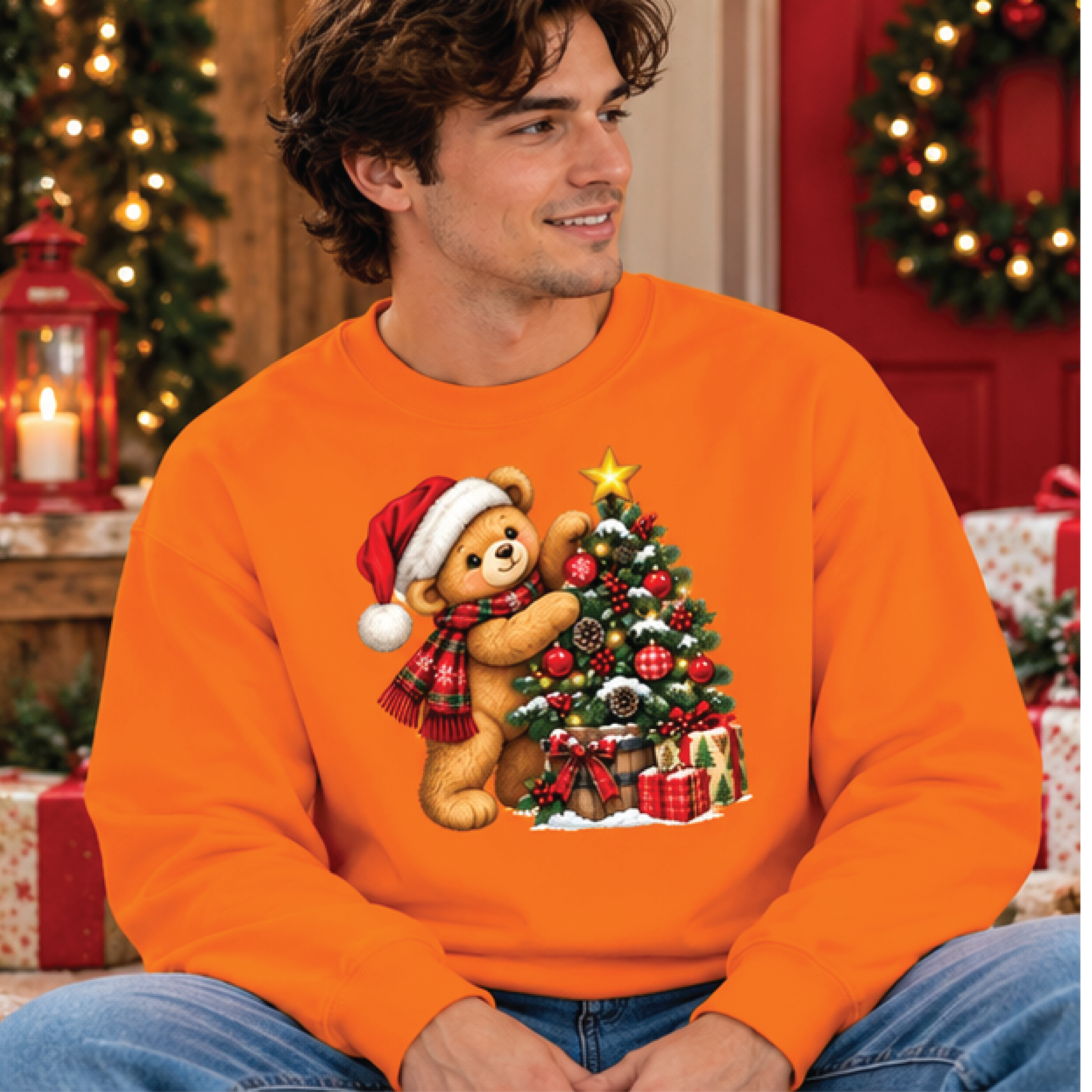 cute christmas teddy bear sweatshirt, bear decorating christmas tree sweater, vintage holiday crewneck, cozy xmas gift