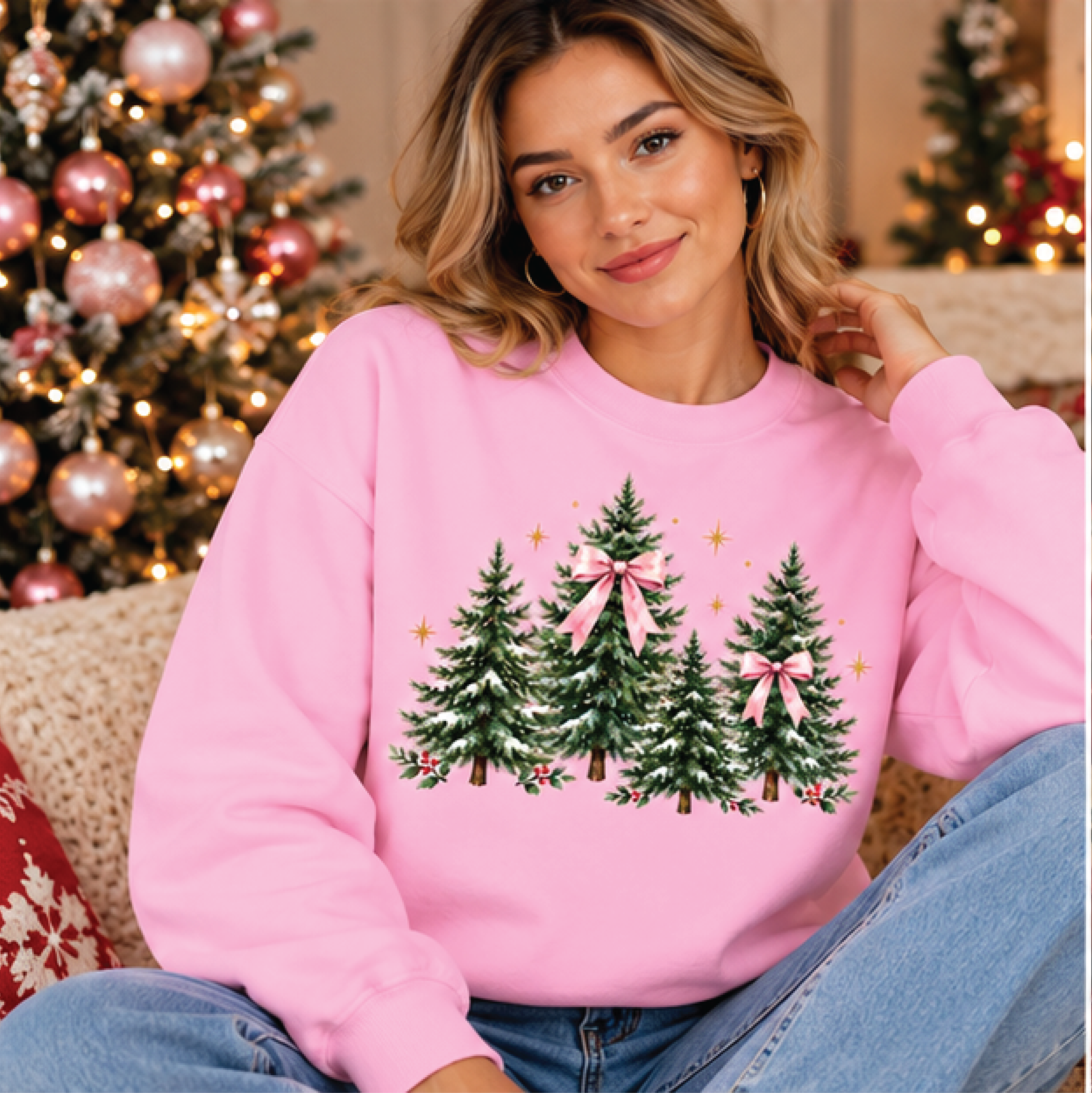 pink bow christmas tree sweatshirt, vintage snowy pine trees sweater, coquette christmas crewneck, cute holiday gift