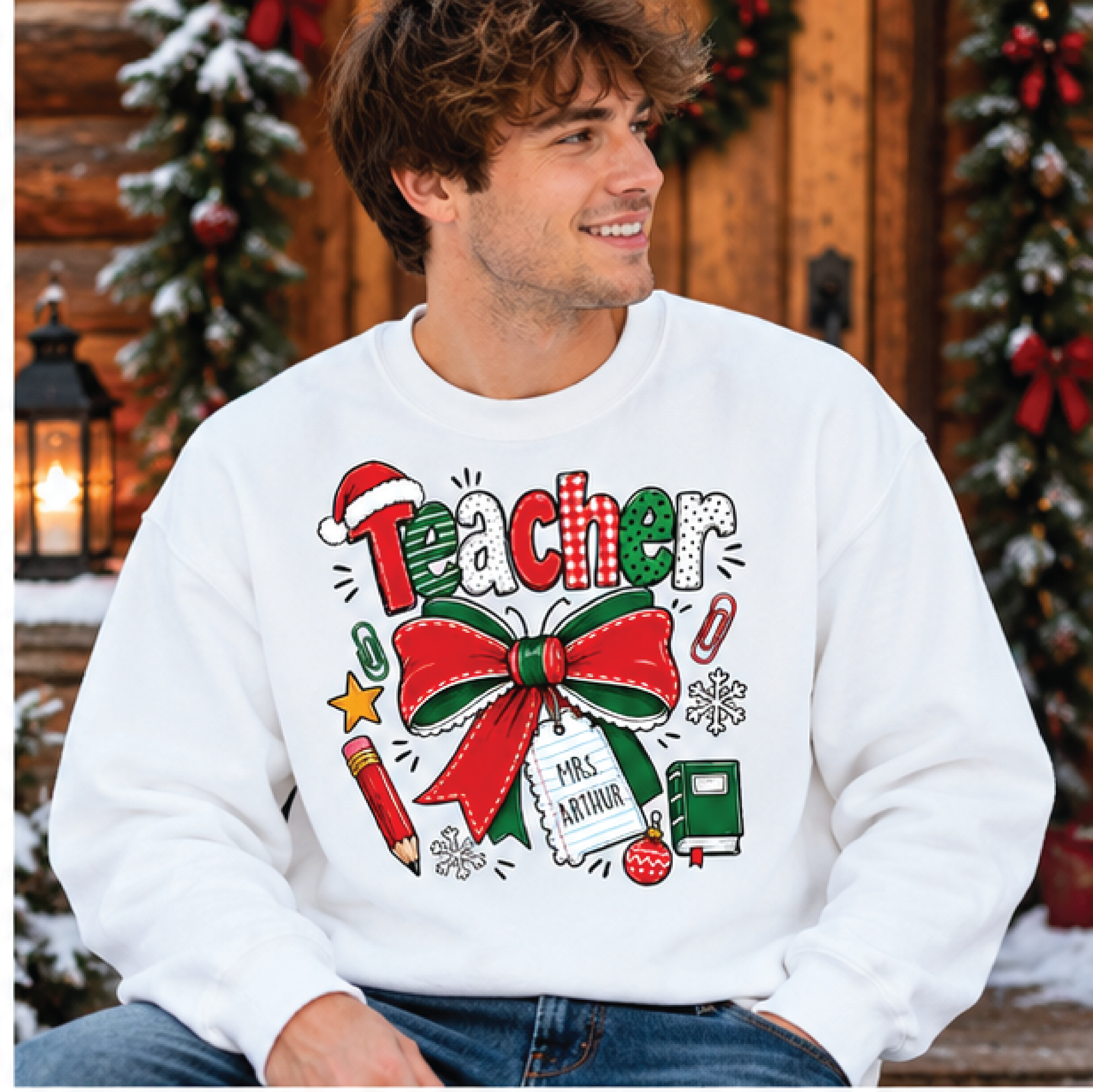 christmas teacher sweatshirt, personalized teacher name crewneck, cute holiday bow school sweater, teacher christmas