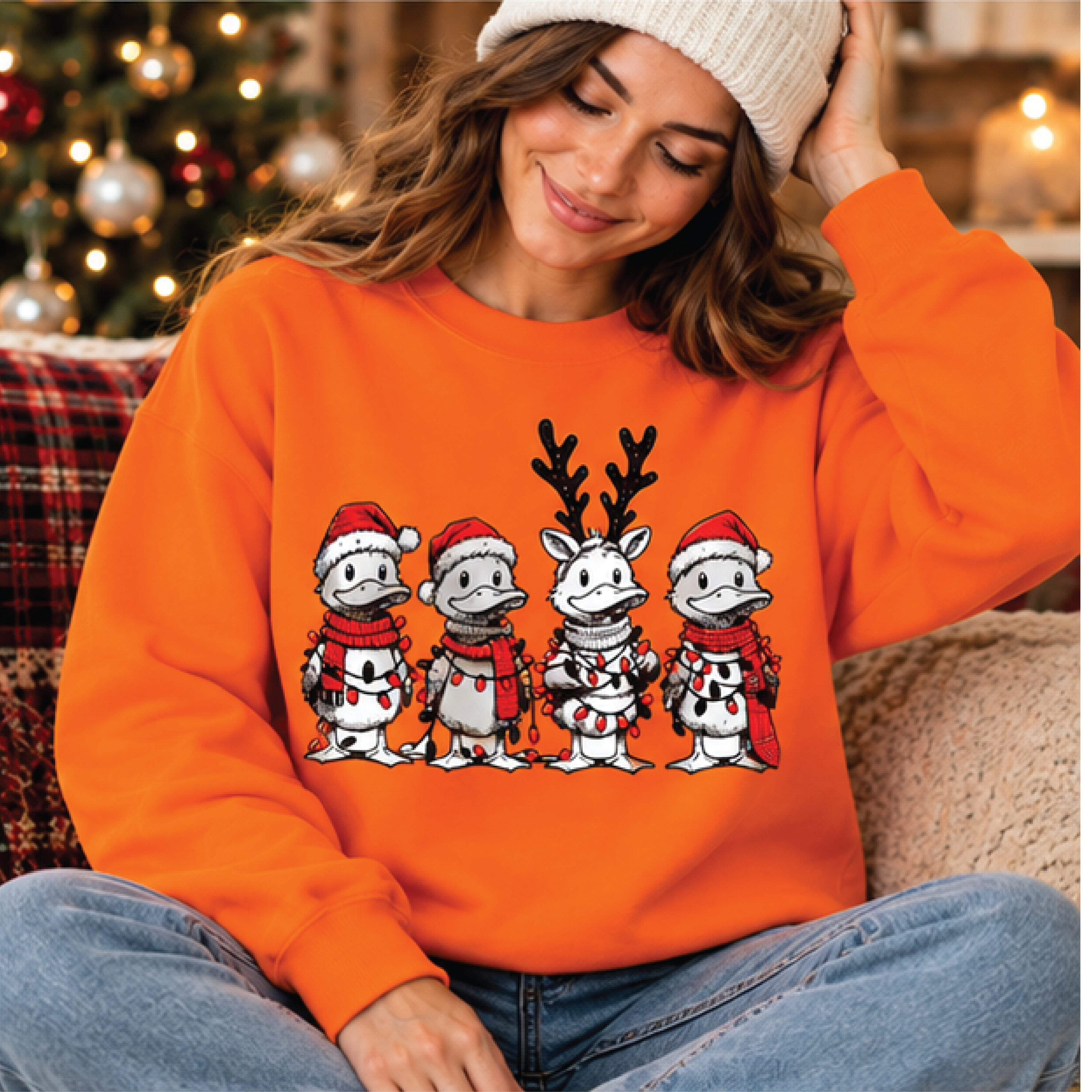 cute christmas ducks sweatshirt, funny holiday duck crewneck, santa hat reindeer duck shirt, festive pink christmas gift