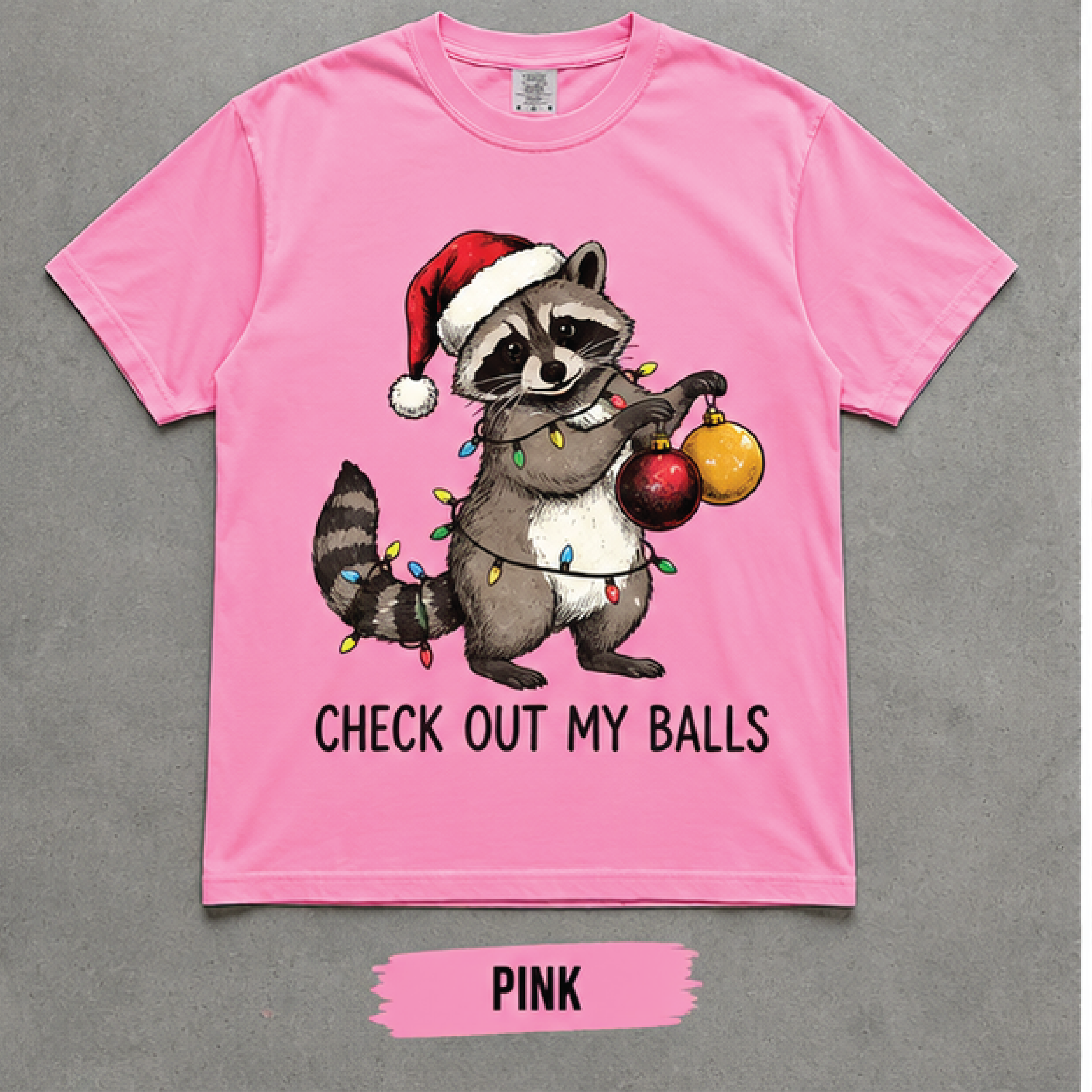 funny christmas raccoon shirt, check out my balls tee, naughty holiday graphic t-shirt, santa raccoon christmas gift