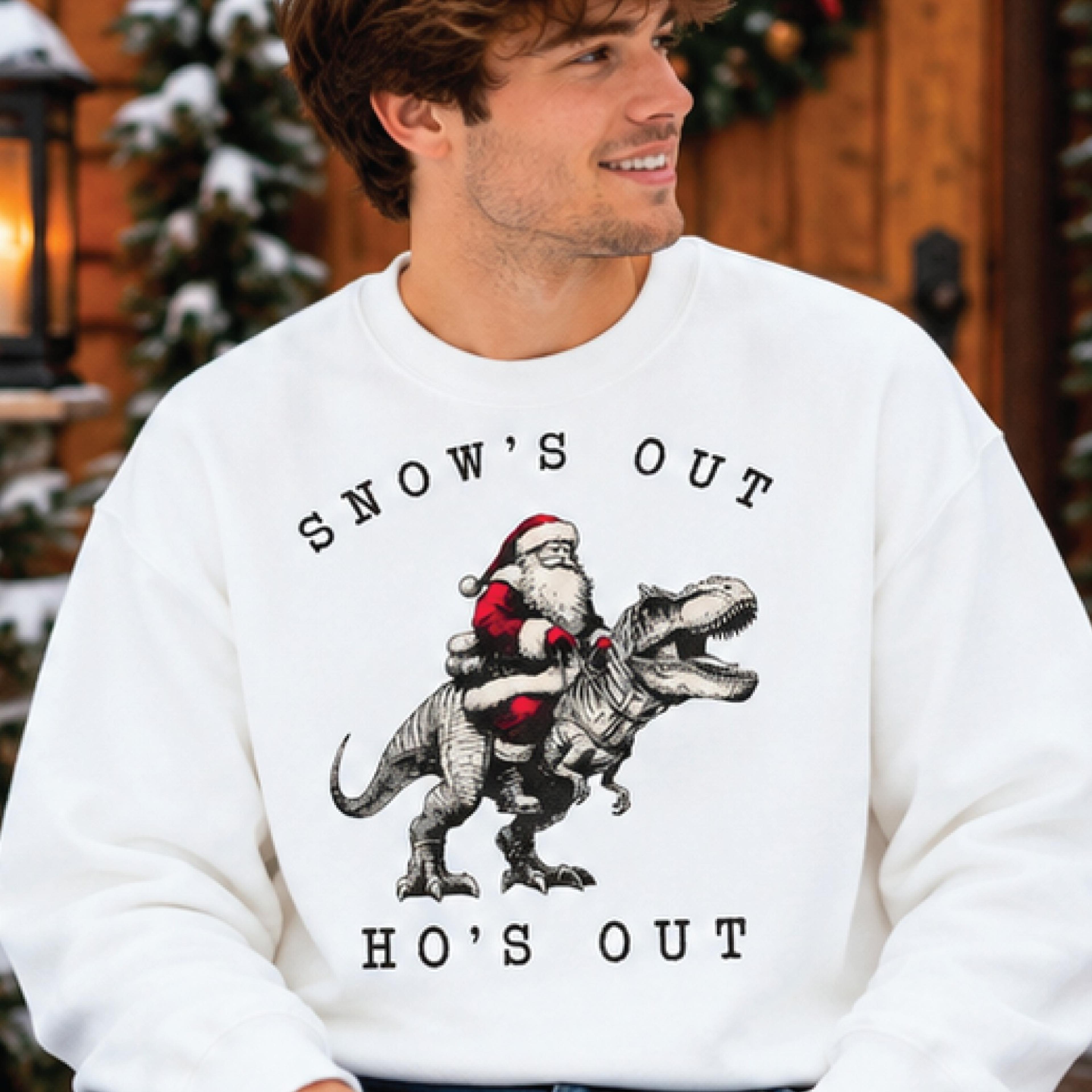 santa riding dinosaur sweatshirt, snows out ho's out christmas crewneck, funny t rex holiday sweater, vintage xmas gift