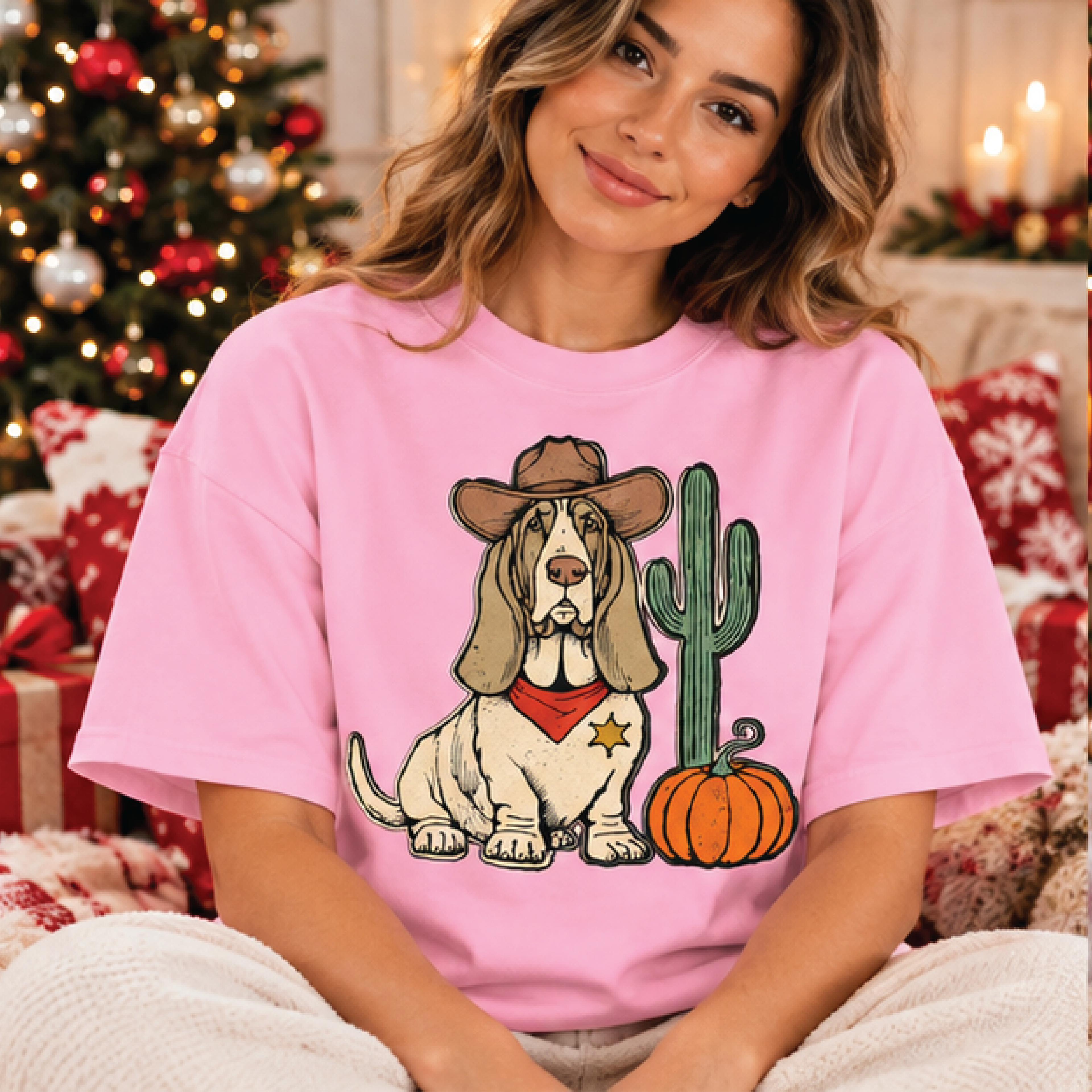 western basset hound shirt, cute cowboy dog graphic tee, retro desert cactus pumpkin t-shirt, country dog lover gift