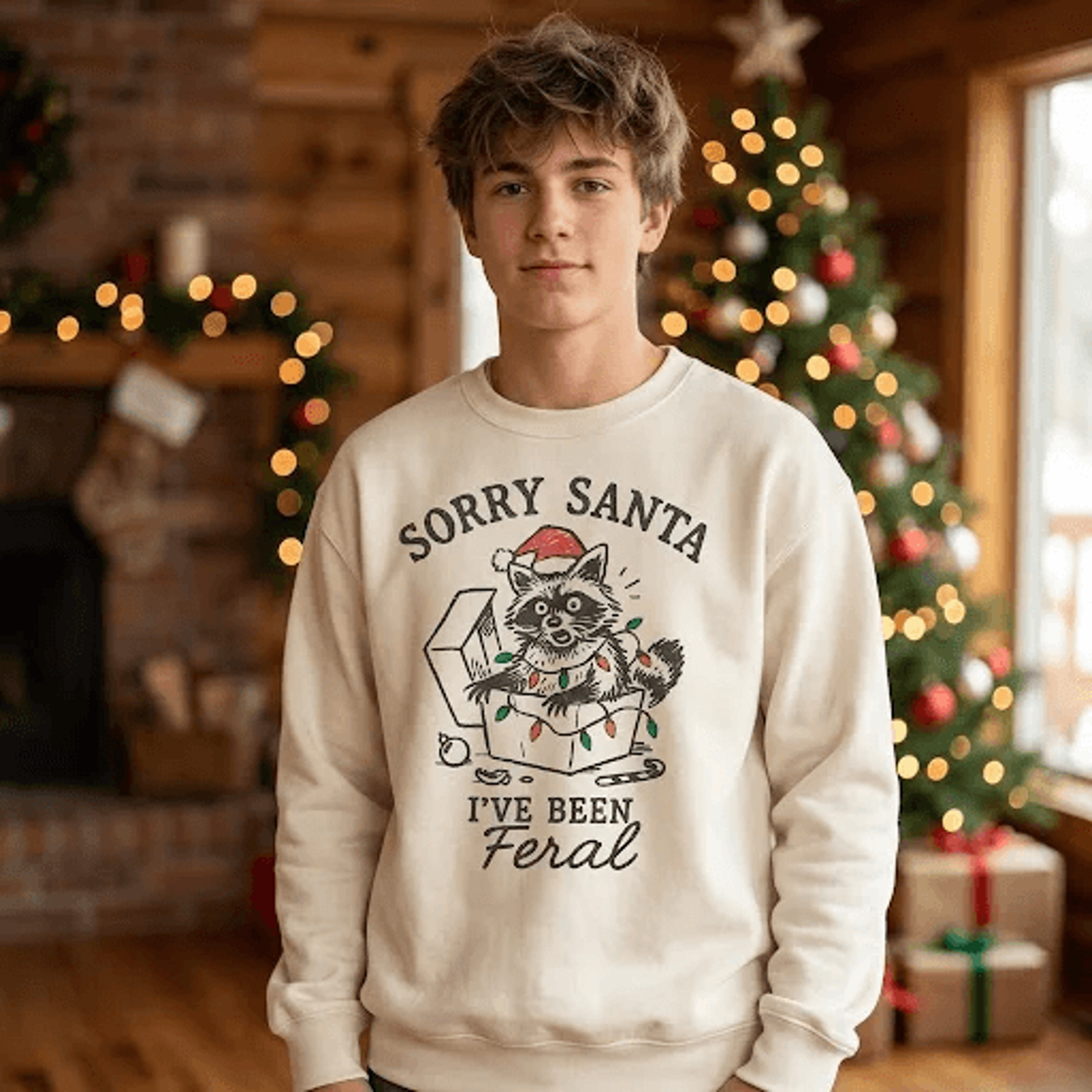 sorry santa i've been feral sweatshirt, funny christmas raccoon crewneck, cute trash panda holiday sweater, sarcastic