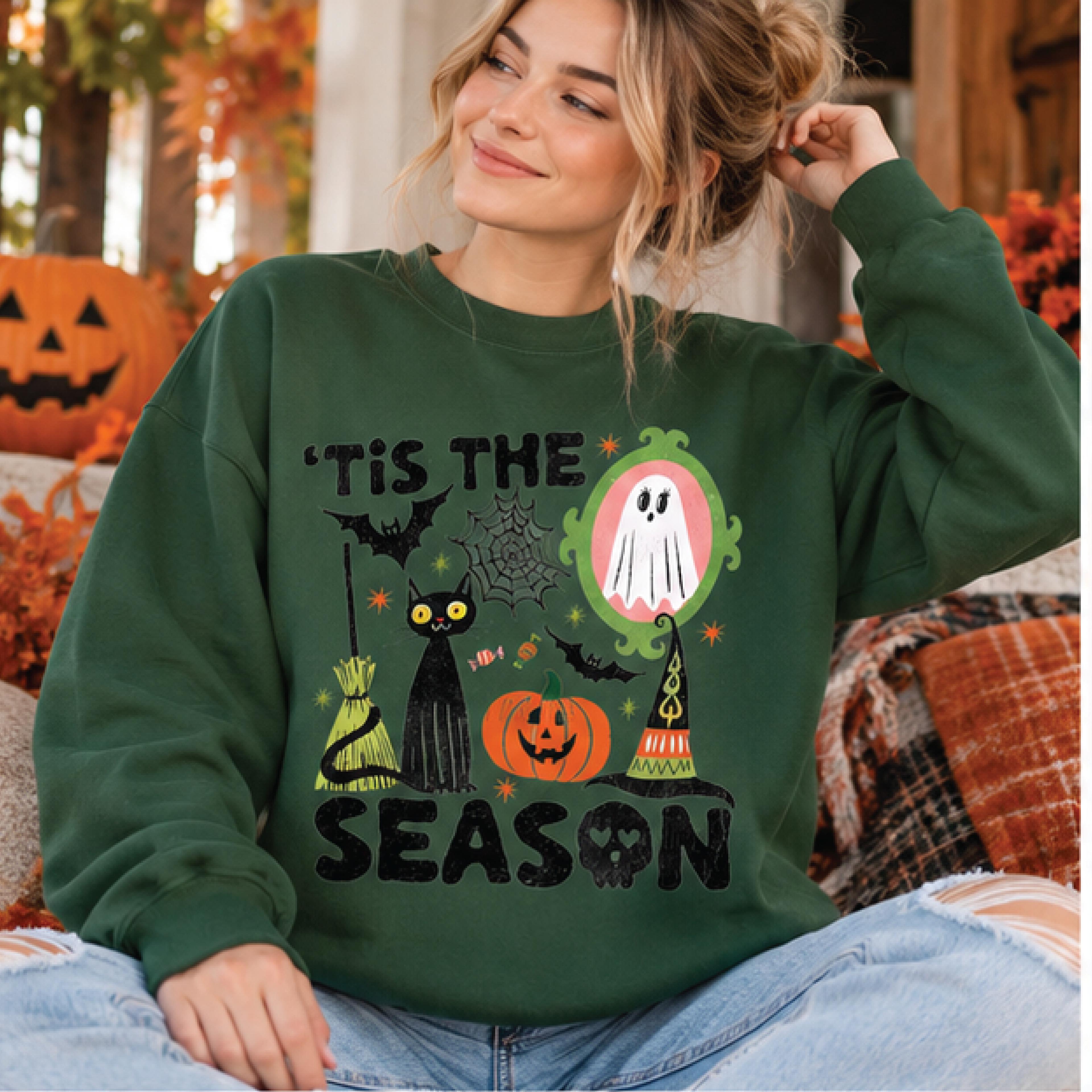 tis the season halloween sweatshirt, cute ghost black cat pumpkin crewneck, retro spooky season sweater, fall gift