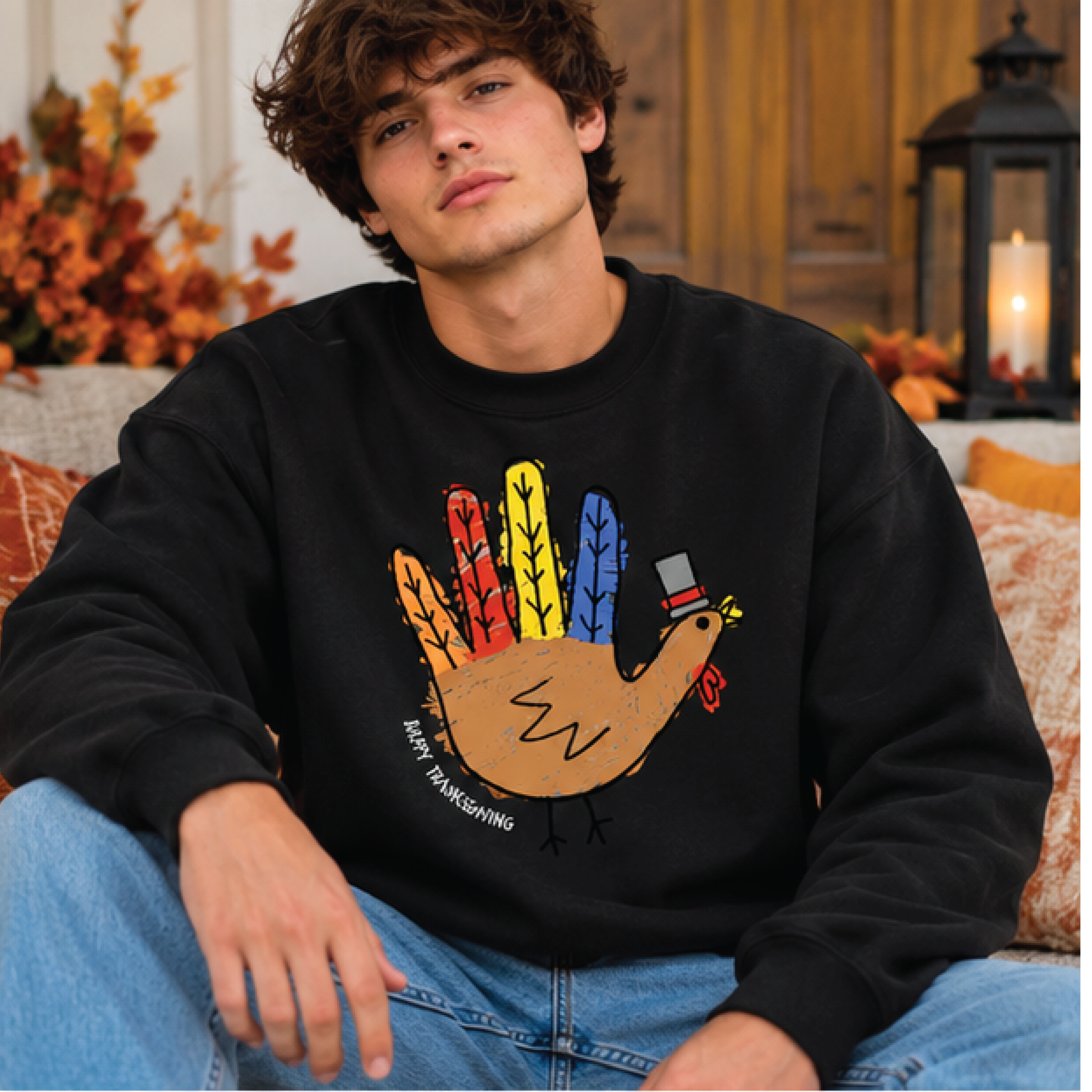 happy thanksgiving turkey sweatshirt, colorful handprint turkey crewneck, cute fall holiday graphic sweater, thanksgivin