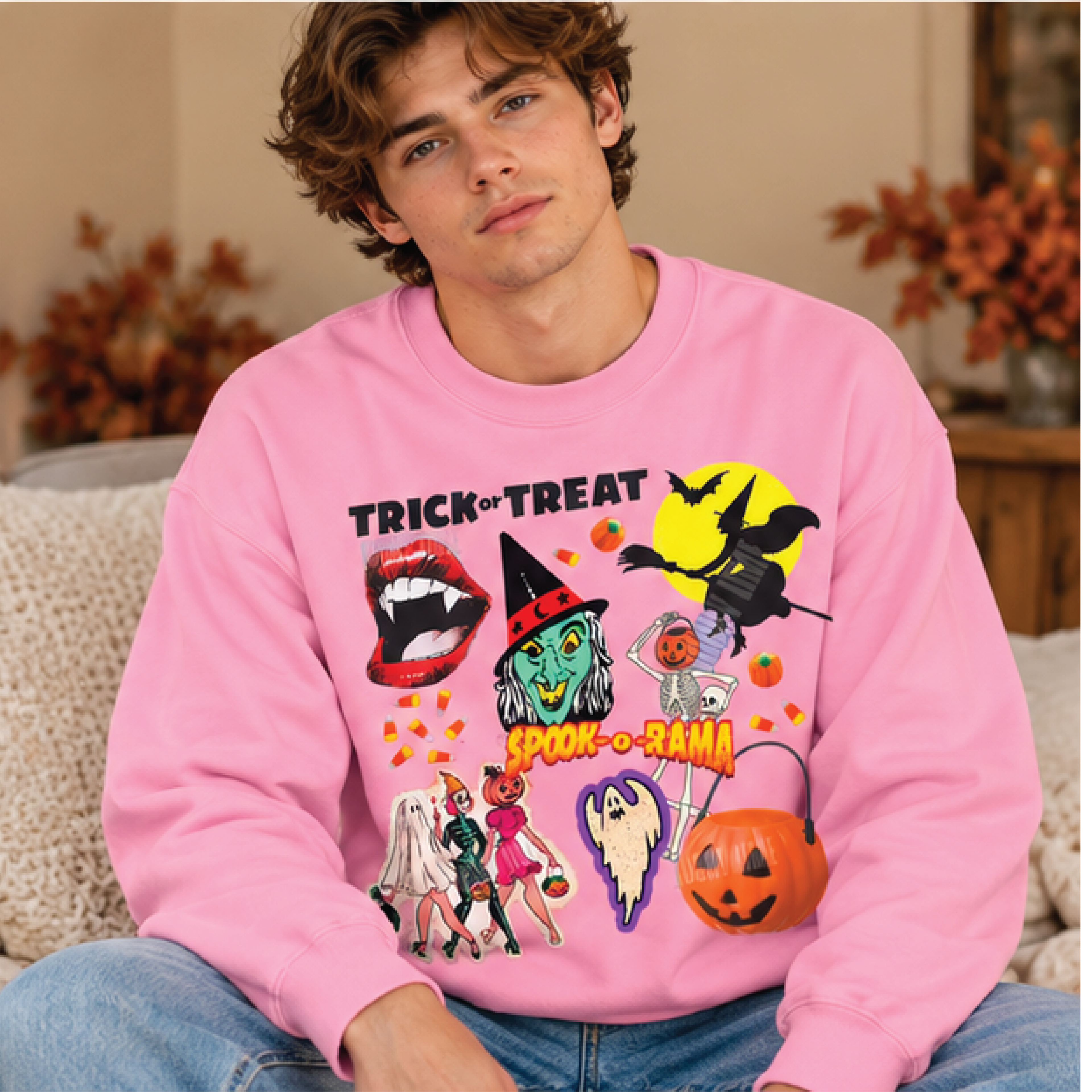 spook o rama halloween sweatshirt, retro trick or treat pink crewneck, vintage witch ghost pumpkin graphic, spooky