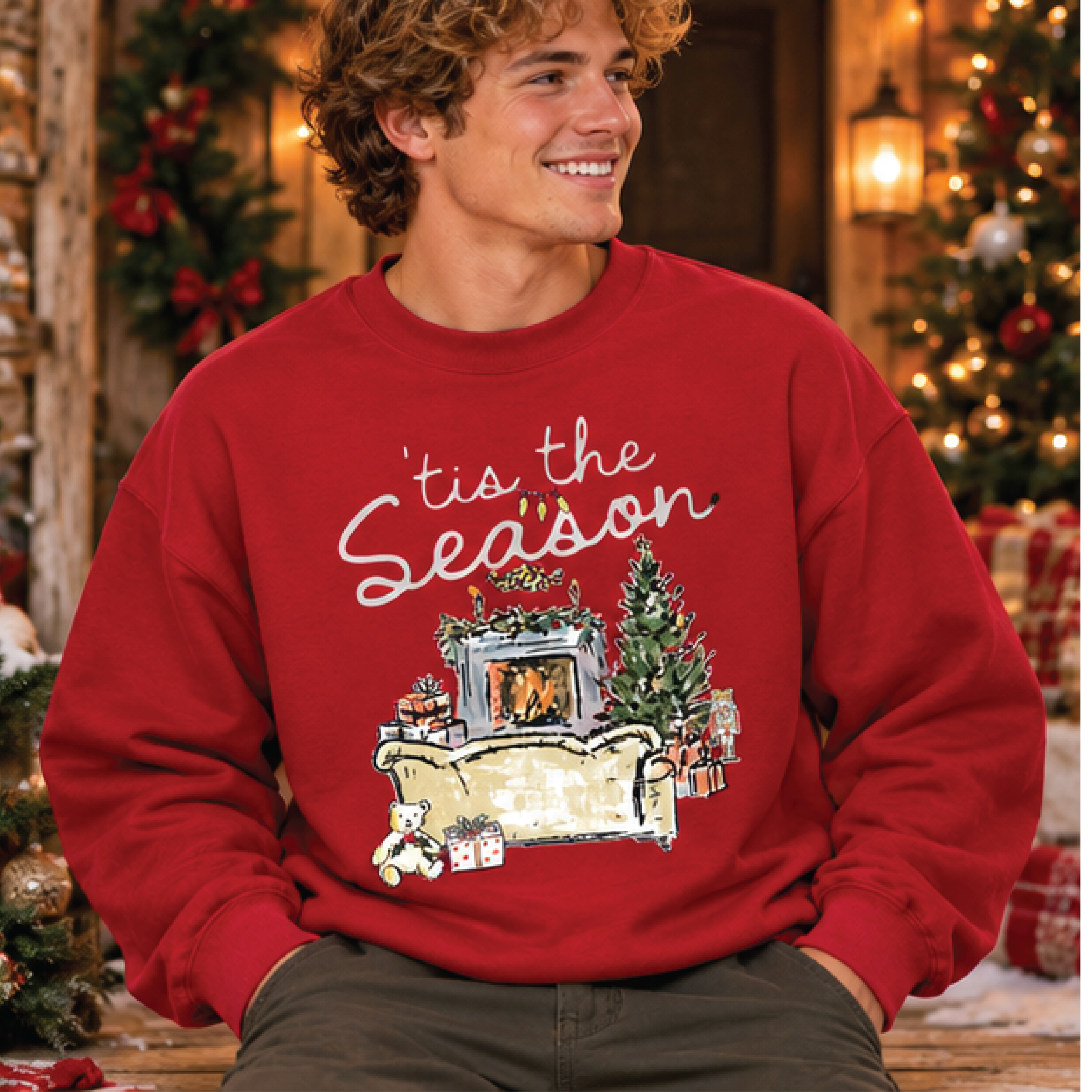 tis the season christmas sweatshirt, cozy fireplace holiday crewneck, vintage christmas tree sweater, festive winter