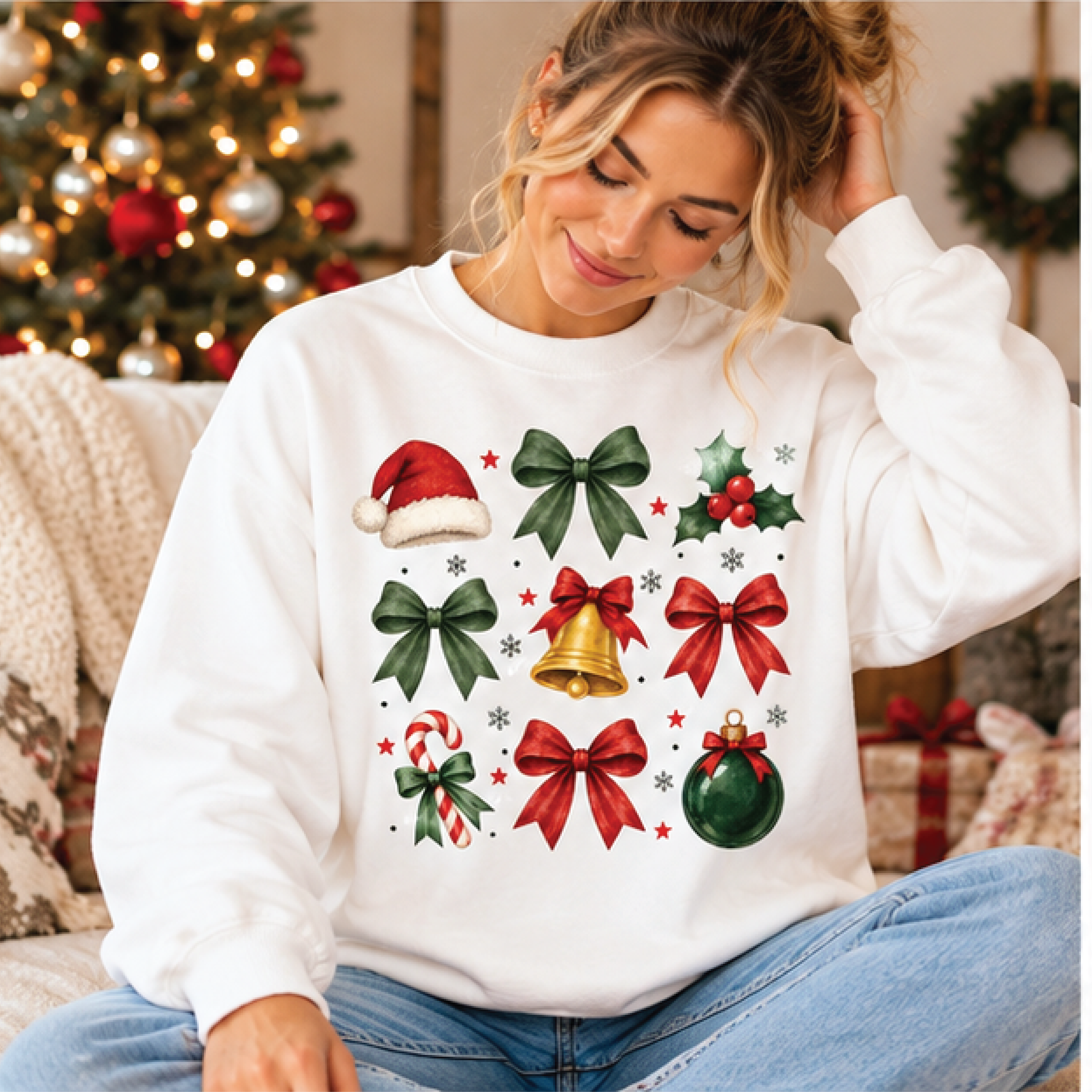 christmas bows sweatshirt, coquette holiday crewneck, festive ribbon and ornament sweater, cute green christmas gift